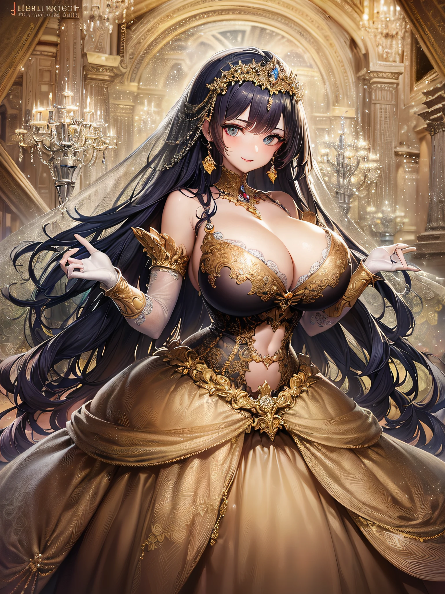 ((anime artstyle)),(Masterpiece),(Best Quality), (Super Detail),(Highly Detailed CG Unity 8k wallpaper),((Very Delicate and Beautiful)),cinematic lighting,1 girl,((full body portrait)),((standing in garden)),((solo)),(((1 fairytale princess in gorgeous embroidery and jeweled extremely gorgeous rococo princess ballgown with voluminous full length hoop skirt))),an hourglass waist,padded and corseted bodice,(((huge crinoline hoopskirt))),long train,((gorgeous embroidery and jeweled)),voluminous frills,See-through,(((extremely gigantic tits,skindentation))),cleavage,((absurdly Long Straight Hair,extremely voluminous Straight long Hair,absurdly Long Straight Hair)),(finely detailed face and eyes),(Blush,Smile),clear pupil,extremely gorgeousfull hair ornament,(bling-bling jeweled extremely gorgeousfull tiara),((bling-bling gorgeous gemstone jewelry)),gorgeous long veil,((ultra long gloves)),(beautiful background),(full body),((gorgeous embroidery and jeweled extremely gorgeous rococo princess ballgown with voluminous full length hoop skirt))