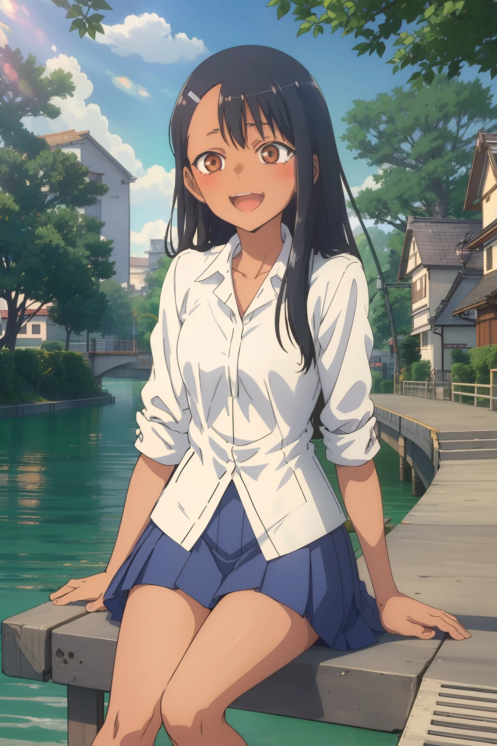 Nagatoro Hayase, Masterpiece, Portrait, offcial art, 1girll, High school girl, summer uniform, Black hair, Brown eyes, Brown skin, cheerfulness, Leaning against the bridge, park, green trees，having fun，Sit Pose，laughingly