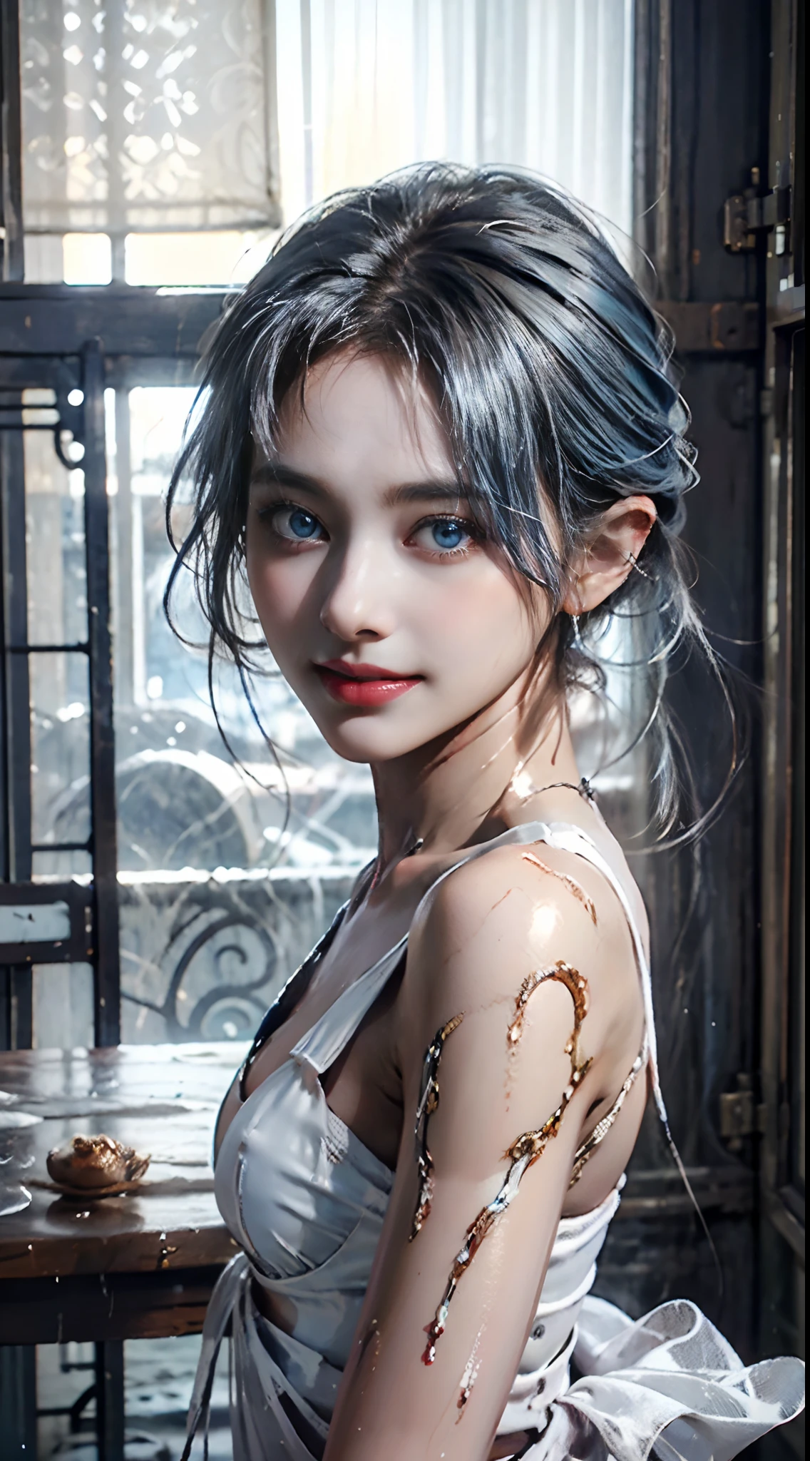Realistic, full body portrait of a young girl, perfect body, perfect professional pose, 20 years old. Musical blue hair, beautiful realistic light blue eyes; beautiful white teeth, happy smile, attractive, make up the world's most beautiful perfect face overall, hand painted meticulously detailed highest image quality 3d 8k, perfect white skin, beautiful look, multicolor liquid acrylic, wet marble body, Michael Garmash, Daniel F Gerhartz, cinematic lighting, waterfall scene, volumetric lighting, clean and smooth art, smooth pulp adventure , ornate patterns, elegant organic frames, surrealism, masterpiece collections, realistic colors, wet gouache. Highest image quality, most detailed 8k.
