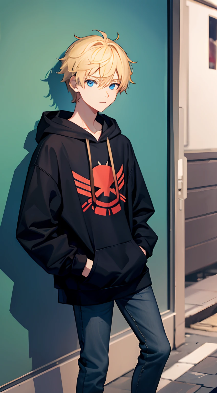 Generate an image of an introverted teenage boy with blue eyes and blond hair. He is wearing a black t-shirt and a black hoodie with a red design on it. He has his hands in the hoodie pockets, and he's wearing black jeans with open-chain white shoes. The boy has a serious expression, as if he's quietly observing someone or something.
