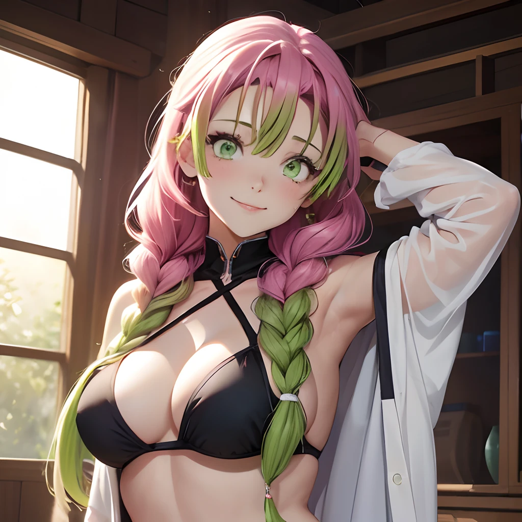 masutepiece, Mitsurikan Log, mitsuri kanroji, braid, Gradient Hair, (Green eyes:1.5), Green hair, Long hair, Mole, Mole under the eyes, multicolored hair, Pink hair, Twin braids, Two-tone hair, cleavage, BREAK looking at viewer, Break indoors, BREAK (masutepiece:1.2), Best Quality, High resolution, Unity 8k壁纸, (Illustration:0.8), (Beautiful detailed eyes:1.6), extra detailed face, Perfect Lighting, extremely details CG, (Perfect hands, Perfect Anatomy),colourful hair, The whole body is reflected, (Off-the-shoulder costumes:1.5), ((chest wide open and exposed)), (Smile), ((undergarment)), ((Torn clothes)), ((The bikini)), (((both Hands behind your head, Showing the side)), ((torn clothing))