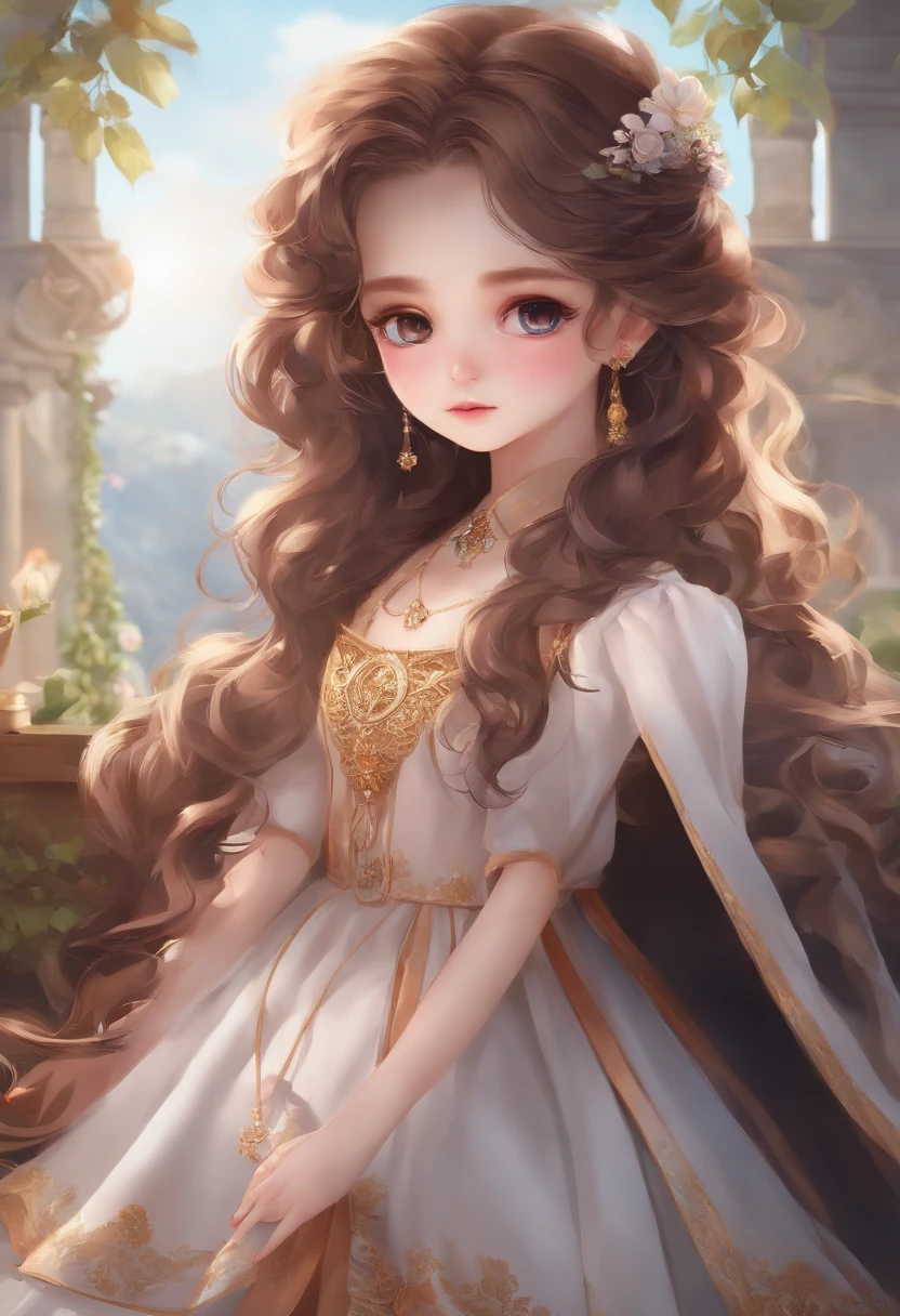 wears glasses、Single phoenix eye、medium long curly hair、brunette color hair、Small facial features、A little cute royal sister