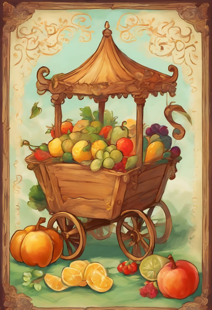 painting of a cart with fruit in it, curiosities carnival, blurred and dreamy illustration, blurry and dreamy illustration, nostalgia of a fairytale, witchlight carnival, whimsical art, nostalgia for a fairytale, nostalgia, dreamy, in the white clouds fairyland, whimsical, circus, nostalgic atmosphere, carnival on the background, carnival, artistic illustration