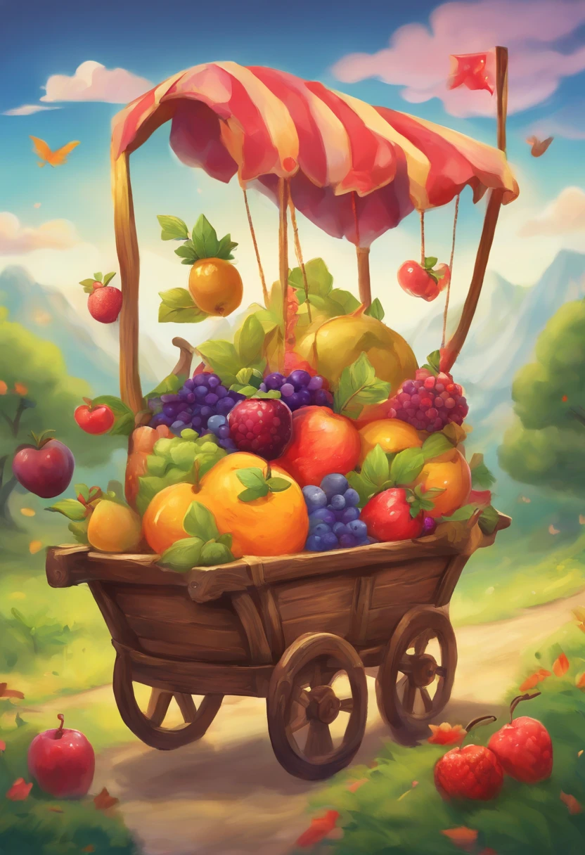 painting of a cart with fruit in it, curiosities carnival, blurred and dreamy illustration, blurry and dreamy illustration, nostalgia of a fairytale, witchlight carnival, whimsical art, nostalgia for a fairytale, nostalgia, dreamy, in the white clouds fairyland, whimsical, circus, nostalgic atmosphere, carnival on the background, carnival, artistic illustration