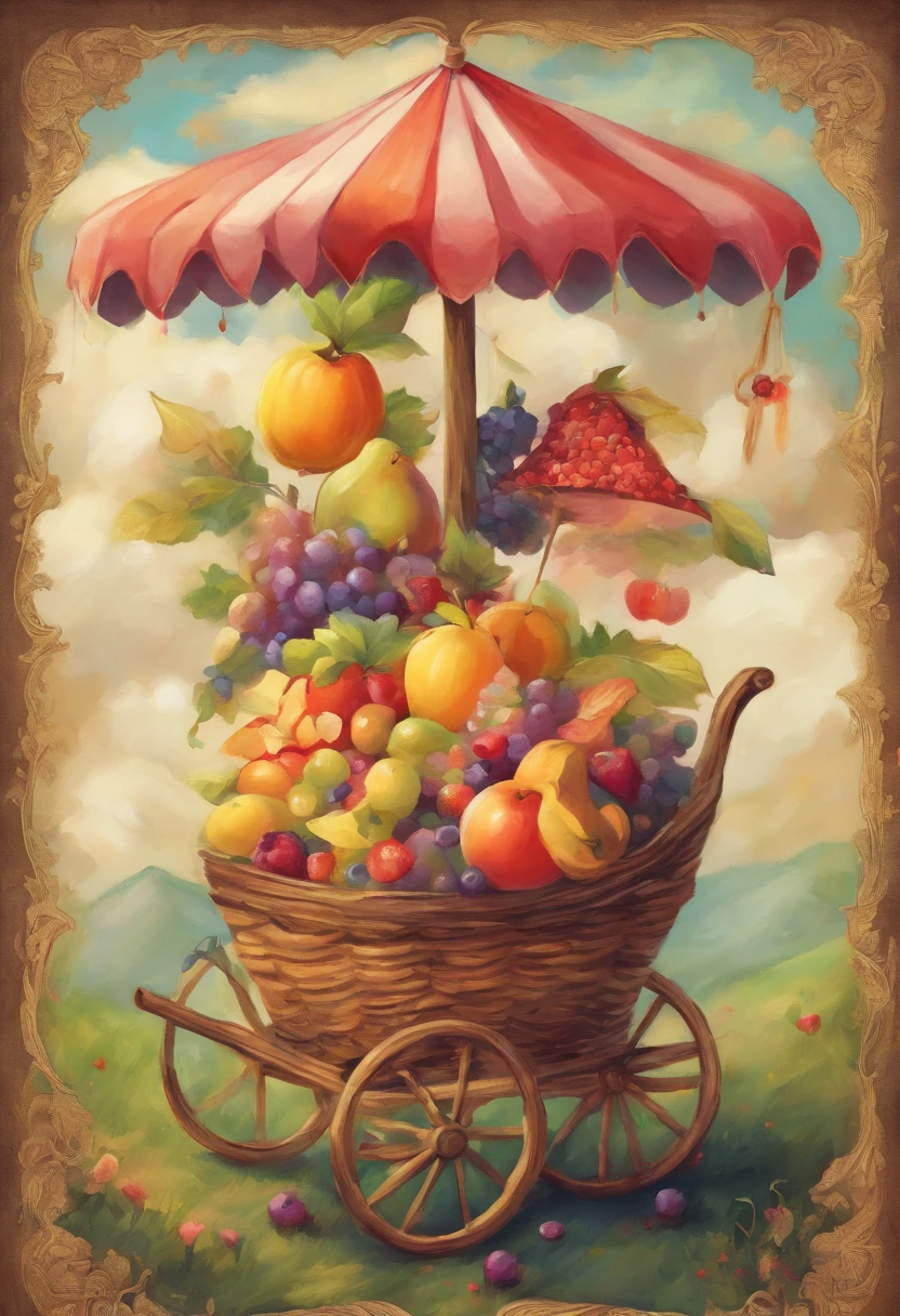 painting of a cart with fruit in it, curiosities carnival, blurred and dreamy illustration, blurry and dreamy illustration, nostalgia of a fairytale, witchlight carnival, whimsical art, nostalgia for a fairytale, nostalgia, dreamy, in the white clouds fairyland, whimsical, circus, nostalgic atmosphere, carnival on the background, carnival, artistic illustration