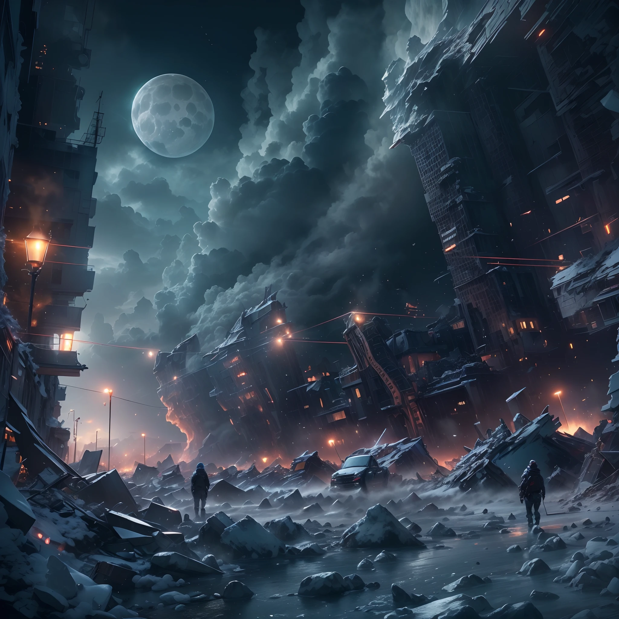(The whole city:1.5),(Overlooking the perspective:1.5),wide wide shot,ssee-through,depth of fields,The end of the world,A city frozen in ice and snow,Icebergs in the distance,Ice Age,Blizzards in the sky,Doomsday landscape,,Scattered debris,Collapsed building,rubble,nigth,terroral,Half moon in the sky,The end of the world,hyper HD,Chiaroscuro,Dynamic,Strong dynamics,(dynamic compositions:1.4),Hollywood science fiction movie scene,Epic surrealism, Ultra photo realsisim, ultra - detailed, Masterpiece,Screen space refraction, (Intricate details), (Intricate details, ultra - detailed:1.2), art stations, cinema shot, the complex background,with light glowing,Atmospheric lighting,Extremely detailed beauty,ridiculous, unbelievable Ridiculous, hugefilesize, unified, 8K picture wallpaper, magnifica, ridiculous, unbelievable Ridiculous,