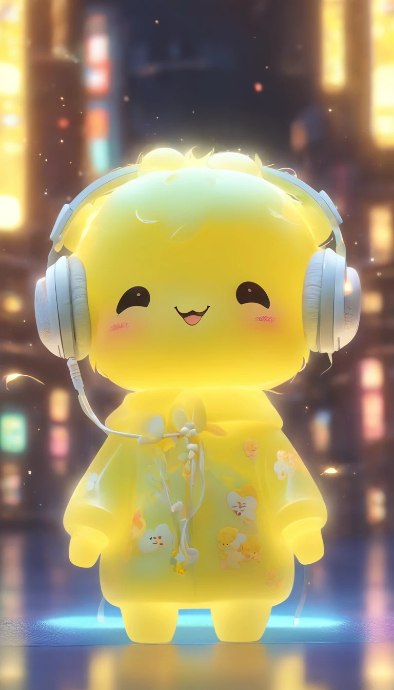 IP image of Chinese sheep, Wearing headphones,Wearing light yellow transparent silicone clothes, Stylish and stylish,Q version,Disney style,IP by pop mart, a blind box toy, Smooth and delicate, 3D rendering of, oc rendered, glowing body, Soft light, Clean background, NO borders, 8K,  k hd, ultra-noise-cancelling, Highest quality, Ultra high quality - AR 9:16 50 --niji 5 --s 2