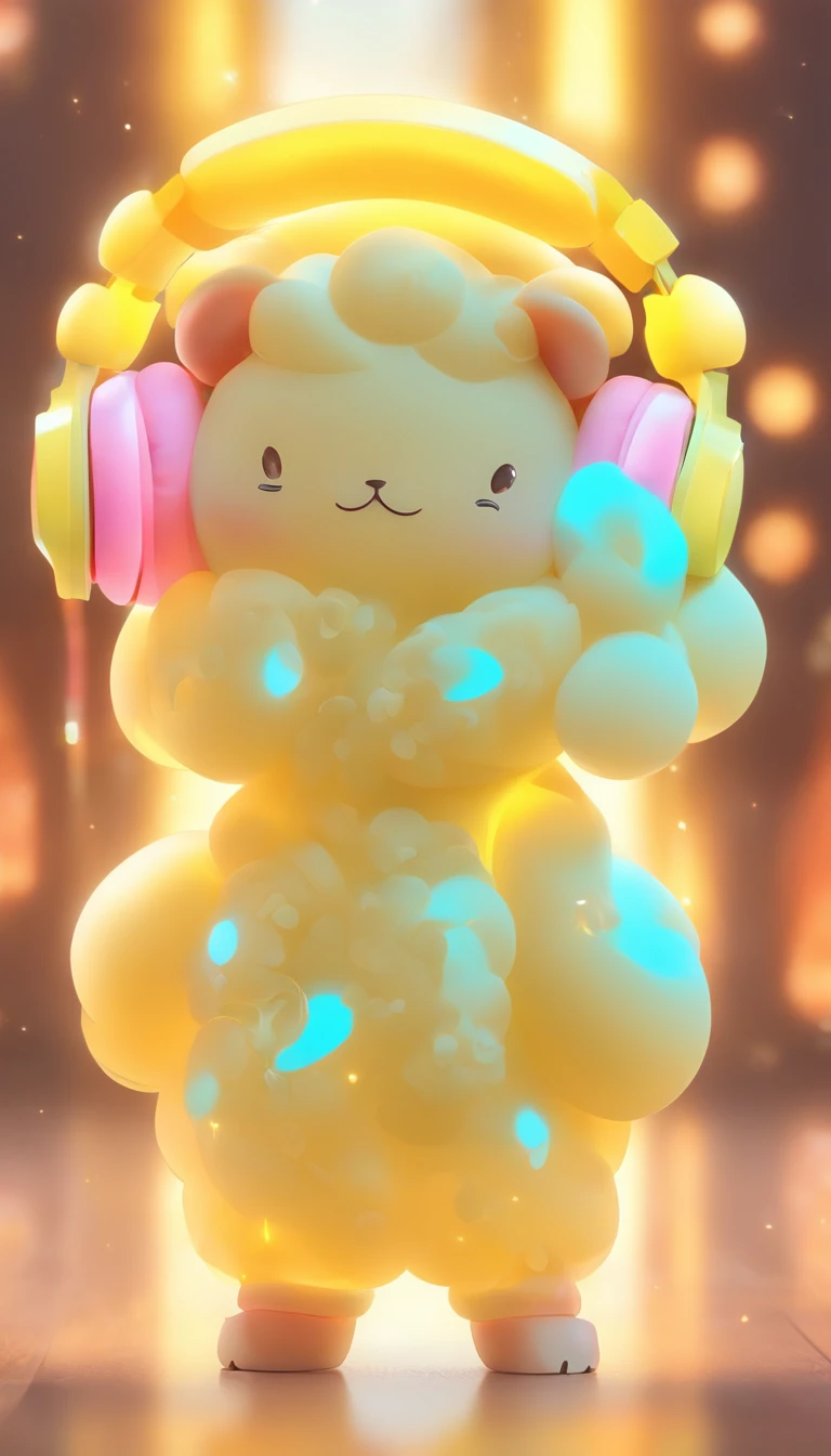 IP image of Chinese sheep, Wearing headphones,Wearing light yellow transparent silicone clothes, Stylish and stylish,Q version,Disney style,IP by pop mart, a blind box toy, Smooth and delicate, 3D rendering of, oc rendered, glowing body, Soft light, Clean background, NO borders, 8K, k hd, ultra-noise-cancelling, Highest quality, Ultra high quality - AR 9:16 50 --niji 5 --s 2