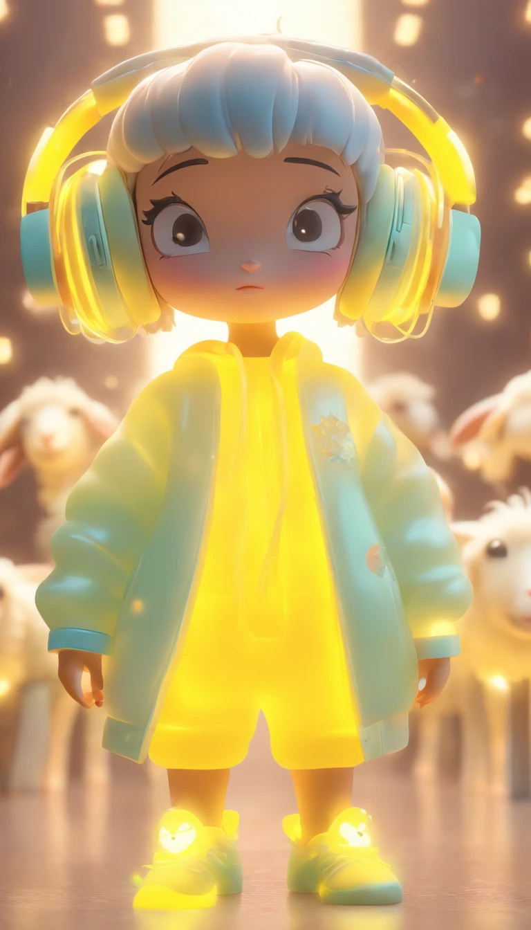 IP image of Chinese sheep, Wearing headphones,Wearing light yellow transparent silicone clothes, Stylish and stylish,Q version,Disney style,IP by pop mart, a blind box toy, Smooth and delicate, 3D rendering of, oc rendered, glowing body, Soft light, Clean background, NO borders, 8K, k hd, ultra-noise-cancelling, Highest quality, Ultra high quality - AR 9:16 50 --niji 5 --s 2