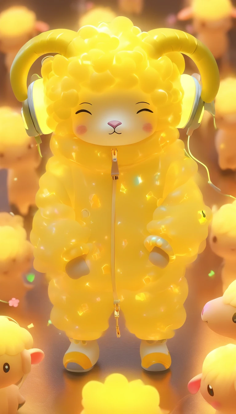 IP image of Chinese sheep, Wearing headphones,Wearing light yellow transparent silicone clothes, Stylish and stylish,Q version,Disney style,IP by pop mart, a blind box toy, Smooth and delicate, 3D rendering of, oc rendered, glowing body, Soft light, Clean background, NO borders, 8K, k hd, ultra-noise-cancelling, Highest quality, Ultra high quality - AR 9:16 50 --niji 5 --s 2