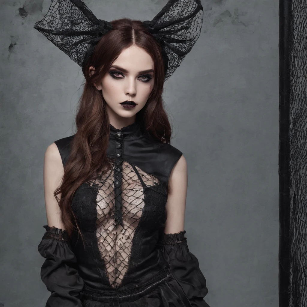 Girl with gothic net symbolic clothes,Lolita,brunette color hair，muscular female,muscular girl,muscular