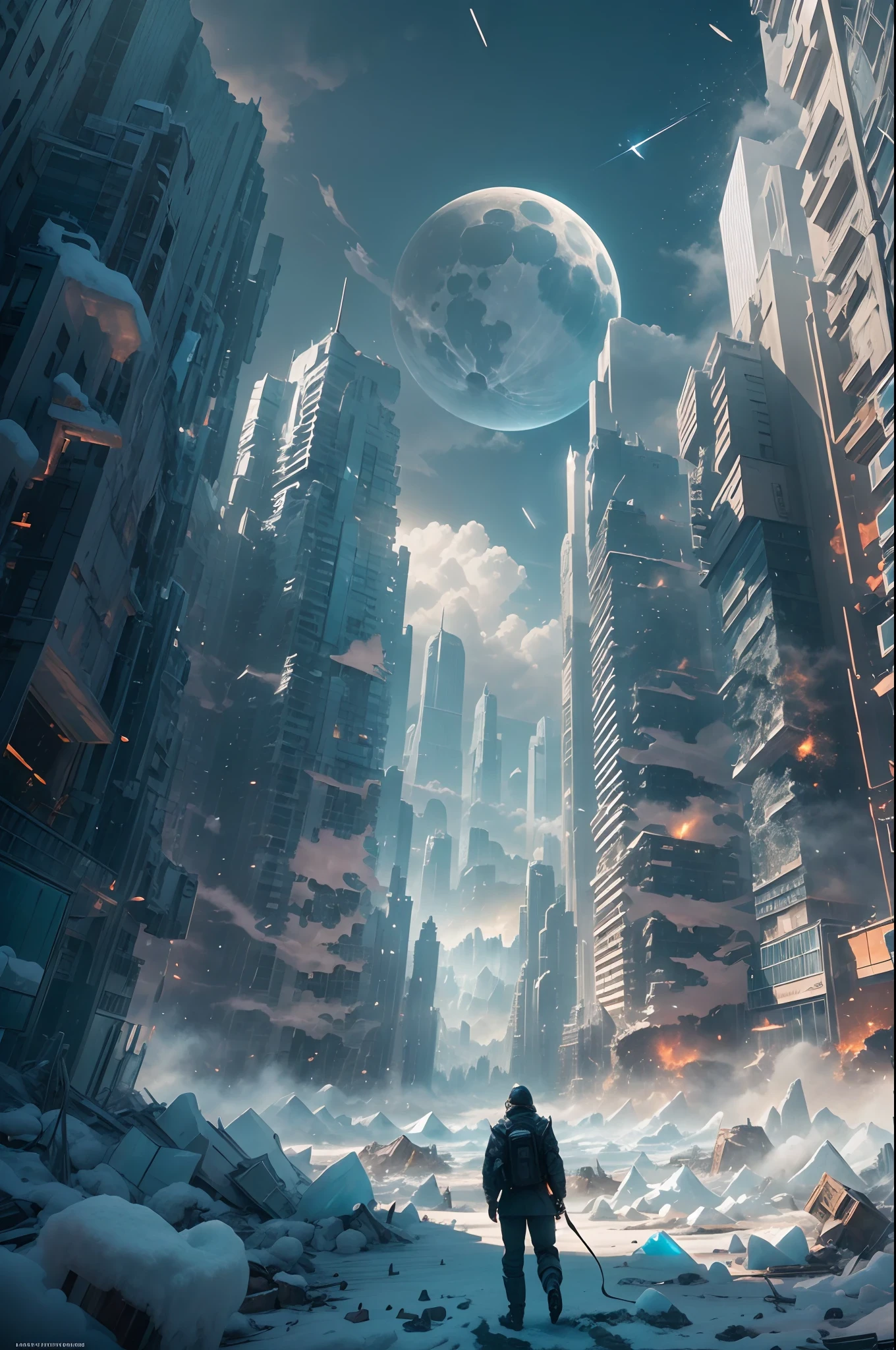 (The whole city:1.5),(Overlooking the perspective:1.5),wide wide shot,ssee-through,depth of fields,The end of the world,A city frozen in snow and ice,Icebergs in the distance,ice age,Landscape of the future,,Scattered debris,Collapsed building,rubble,nigth,terroral,Half moon in the sky,The end of the world,hyper HD,Chiaroscuro,Dynamic,Strong dynamics,(dynamic compositions:1.4),Hollywood science fiction movie scene,Epic surrealism, Ultra photo realsisim, ultra - detailed, Masterpiece,Screen space refraction, (Intricate details), (Intricate details, ultra - detailed:1.2), art stations, cinema shot, the complex background,with light glowing,Atmospheric lighting,Extremely detailed beauty,ridiculous, unbelievable Ridiculous, hugefilesize, unified, 8K picture wallpaper, magnifica, ridiculous, unbelievable Ridiculous,