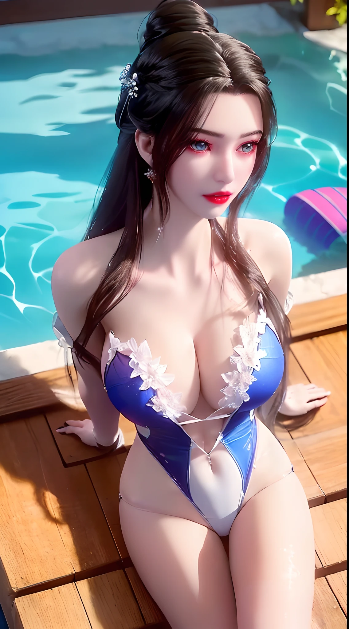 1 beautiful and sexy 20 year old girl, ((wearing a white thigh-length swimsuit:2)), ((Swimsuit with deep cleavage and very sexy:2)), girl sitting by the pool, not wearing pants, sexy hanfu style, ((long red hair:1.7)), jewelry elaborately made from precious stones and beautiful hair, ((wearing a 24k gold lace necklace:1.4)), the noble, noble style of an extremely beautiful girl, her small face is super cute, her face is very pretty, thin eyebrows, flawless beautiful face, ((black eye pupils: 0.8)), very beautiful eyes, ((pale platinum color eyes: 1)), (((big round eyes:1.6))), nice makeup and hair detailed eyelashes, steamy eye makeup, high nose, earrings, red lips, ((closed mouth: 1.5)) beautiful lips, slim hands, most beautiful thighs, ((arms spread out to the sides: 1.5)), rosy face, clean face, flawless beautiful face, smooth white skin, plump body, beautiful cleavage, (((breasts are round and full: 1.8))), beautiful breasts, perfect body, ((put girl's arms behind her back:1.6)), chest out, ((position lying down in bed:1.2)), ((Open your legs:1.5)), not ashamed, 8k photo, super high quality, super realistic, super 10x pixels, optical, bright studio, bright edges, dual-tone lighting, (high-detail skin:1.2), super 8k, soft lighting, high quality, volumetric lighting, photorealistic, photorealistic high resolution, lighting, best photo, 4k, 8k quality, smooth sharp, 10x pixel, ((outdoor swimming pool background:1.5)), aurora, lightning, super graphics realistic, most realistic graphics, 1 girl, alone, solo, Extremely sharp image, surreal, ((portrait:1.5))."
