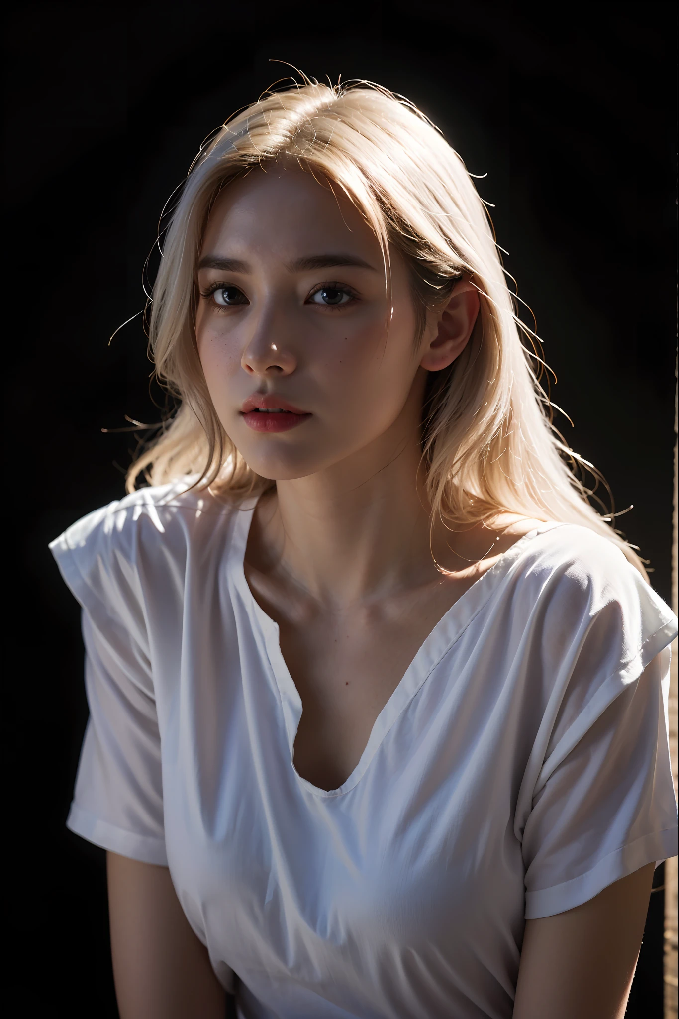 Hyperrealist portrait of female by david hockney and alphonse mucha,fantasy art, photo realistic, dynamic lighting, artstation, poster, volumetric lighting, very detailed faces, 4 k, award winning,, 1girl, in the dark, deep shadow, low key,cowboy shot,(official clothing:1.4) ,long hair,white hair,