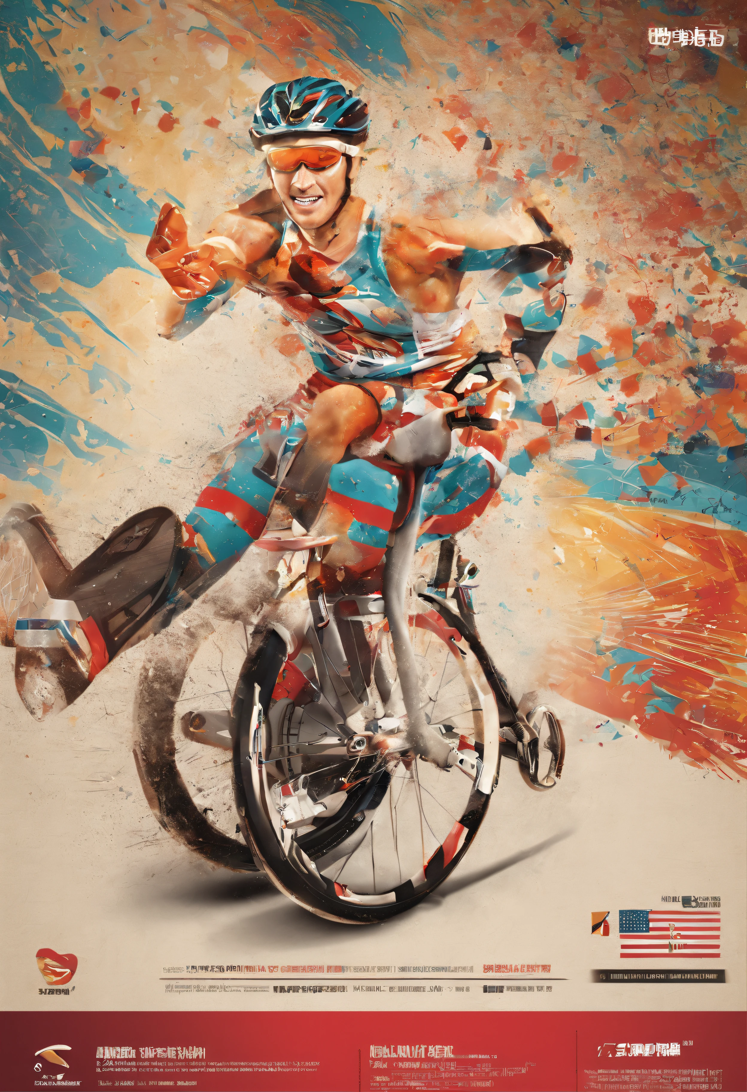 Company poster design，The theme is disability sports，dream，wingspan，Sports equipment，illustration，Vibrant colors，Sports equipment，positive energy，Break through the predicament，Paralympic Games，love