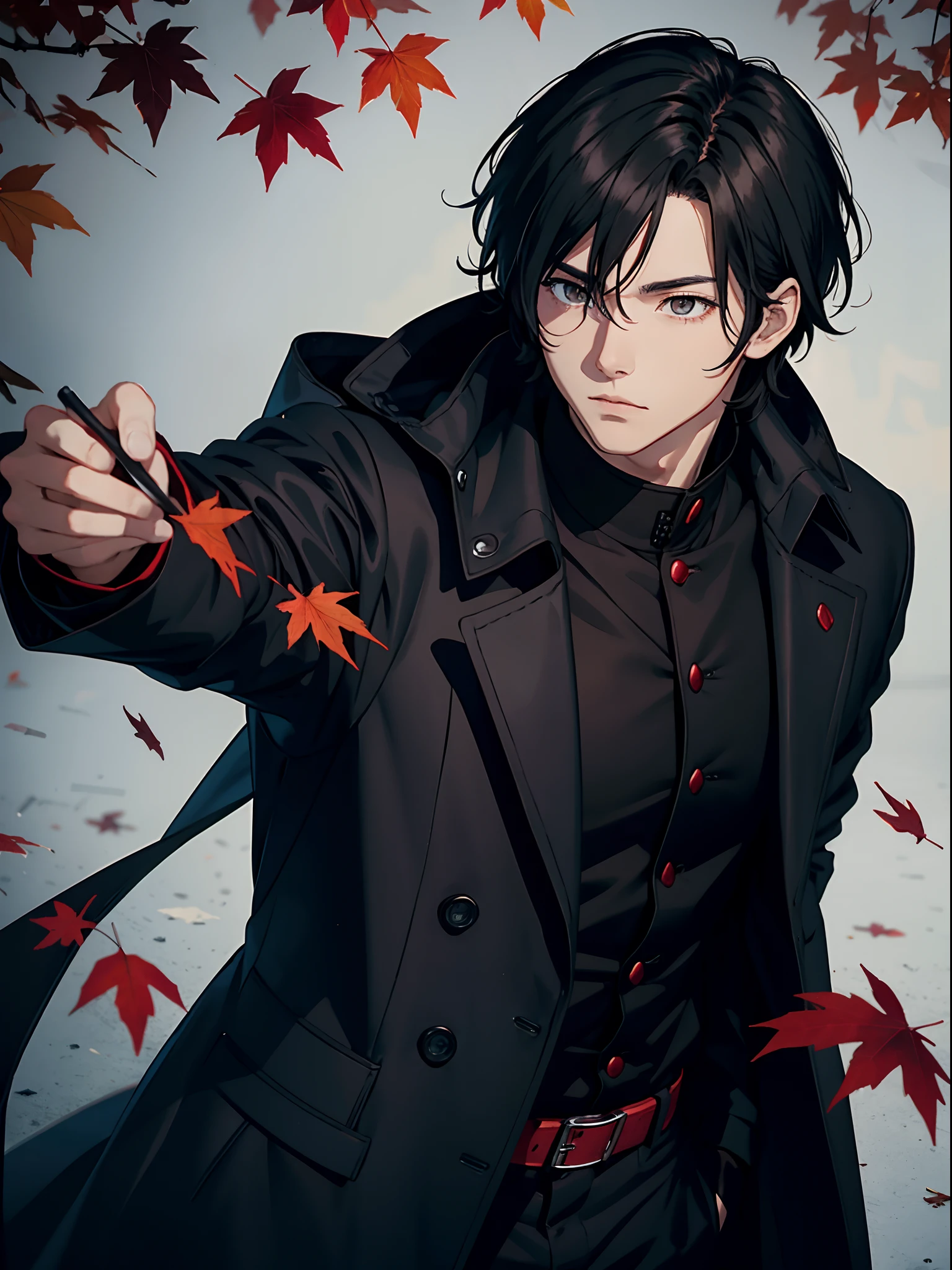 anime man, dark hair, black coat, red autumn leaves