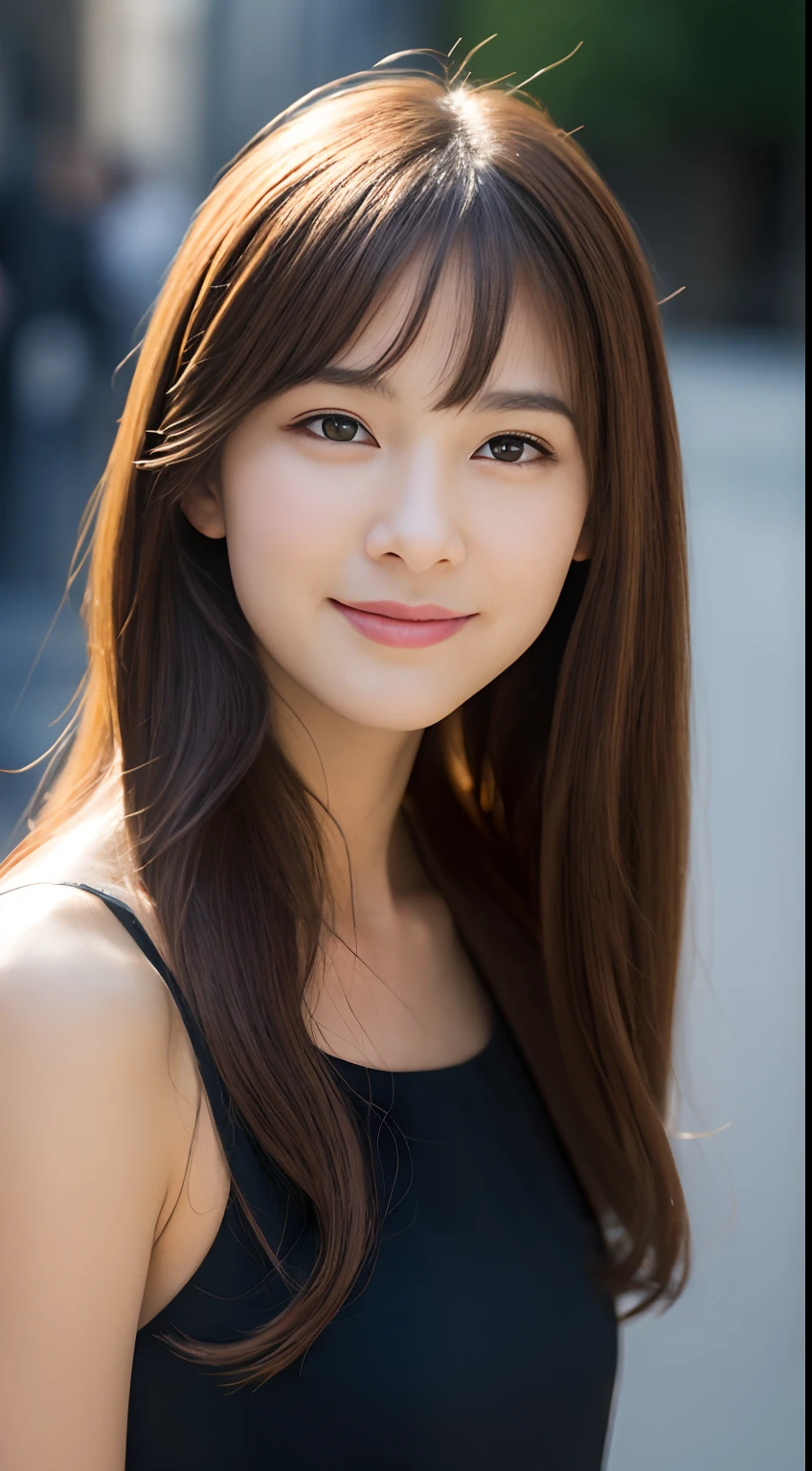((best qualtiy,8K,tmasterpiece:1.3)), 1girll, ssmile, full bodyesbian, Slim Faces, Beautiful woman, (dark brown hair), full length dress :1.1, Super detailed face, Detailed eyes, 二重まぶた, blur backgroun, Slim Faces, Faraway view,城市, do lado de fora, the street,