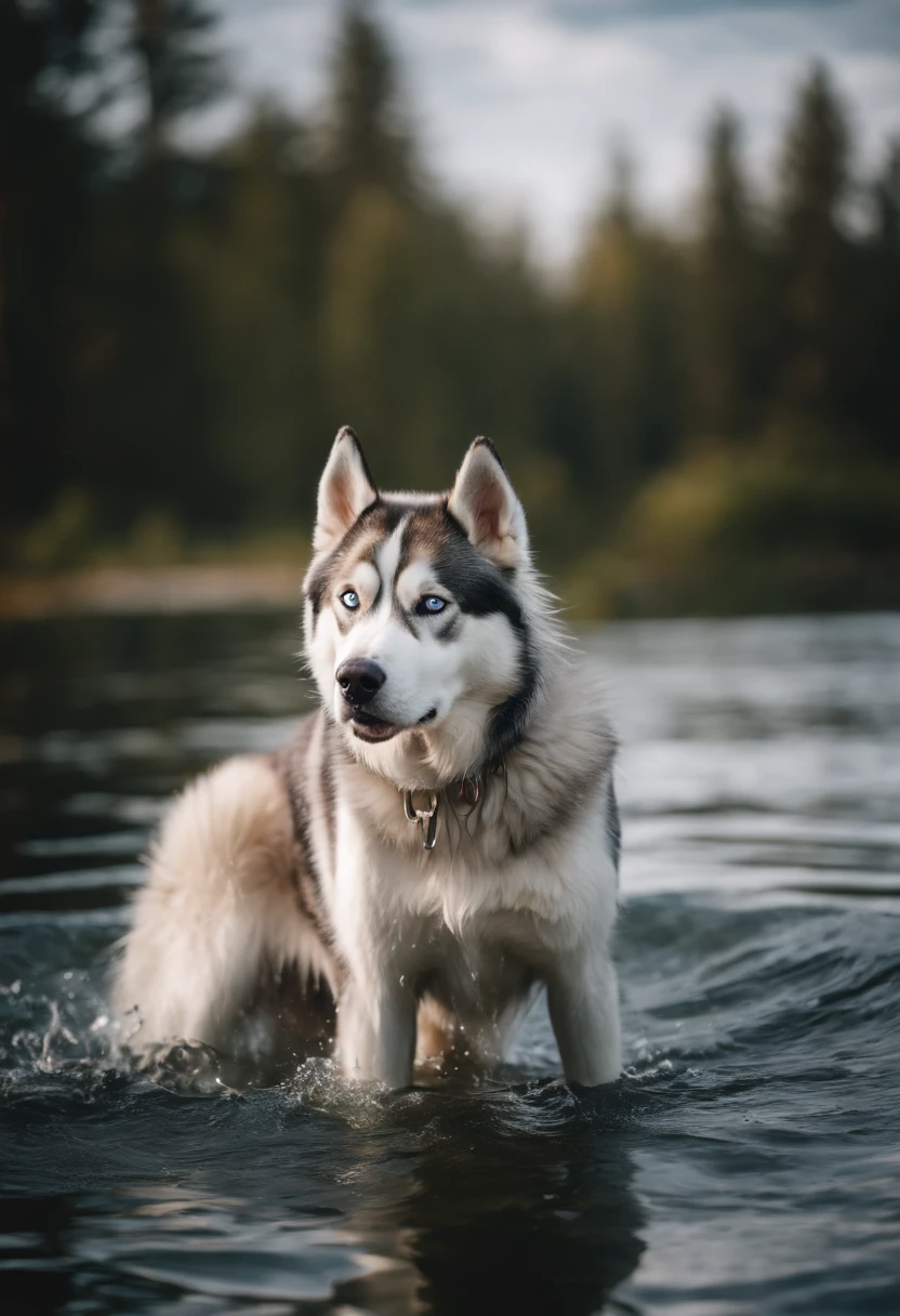 Portrait of a Siberian husky dog with long coat bathing