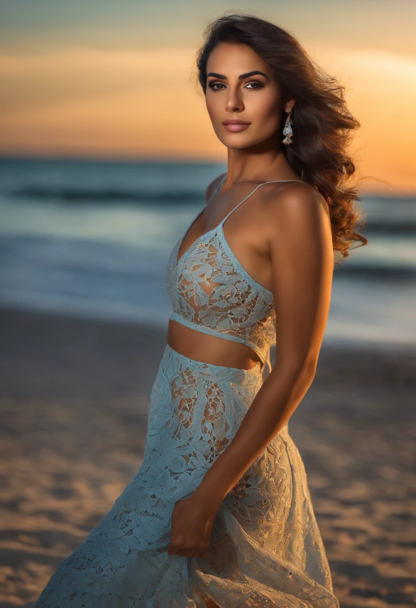 arab woman, adult woman, detailed body, beautiful face, tanned supermodel, beautiful eyes, d cup, very large breasts, 29 year old woman, big hips, big buttocks, beautiful ass, HDR, photoreal, light BLUE dress, posing on the beach , sunset, white bra, hands holding hair, solo, long and slightly curly dark hair detailed with light tones, summer dress...