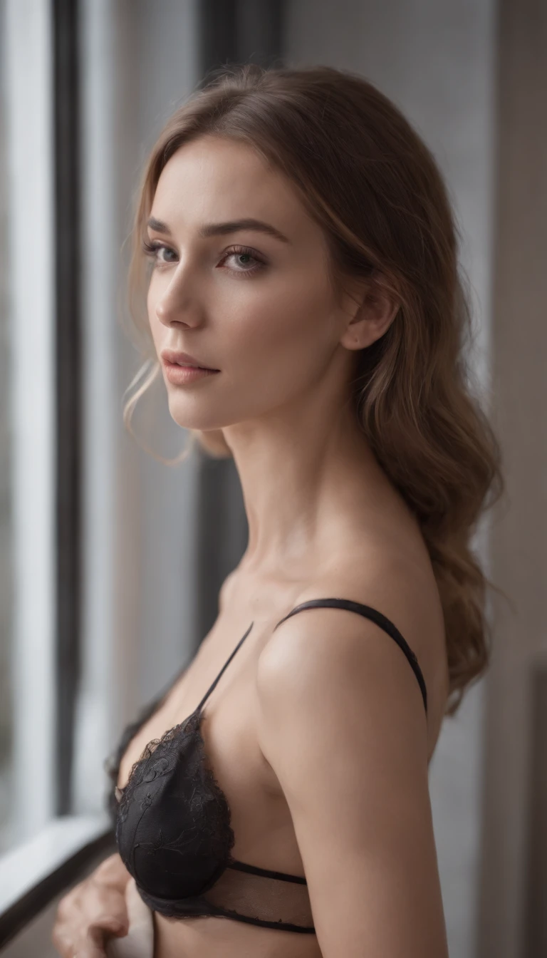 Portrait of a beautiful woman in sexy black lingerie, Brazil Channel, Bon balcon, Luxury underwear, Darkroom with window, Natural light from windows, Tight body of tiny, tanned body, cheveux blonds, yeux bleus, Colliers, bijoux, detailed skin, face detailed, 5 doigts, Corps entier, Head to feed,Portrait de, from the back, backview, Filmmaker, Realstic, FotorRealstic, hyperrealism , 8k, highly detailed, Highly detailed RAW color drawing, blurred lighting , lighting cinematic, romantic lighting,legerement bronze