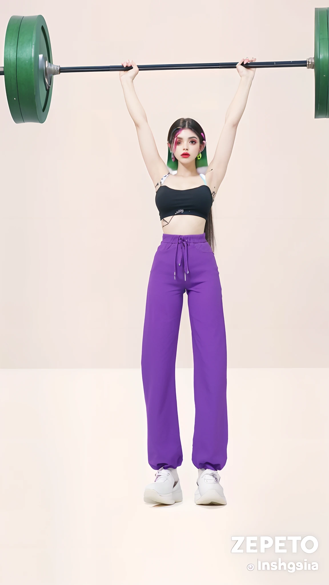 mulher arafed levantando uma barra com uma barra verde, roupa roxa, pele violeta, cheio_corpo!!, inspirado em Sim Sa-jeong, corpo inteiro!!, material is!!! ameixa!!!, roupas roxas, roupa feminina, pele roxa, corpo inteiro, vestindo um moletom roxo, IMVU, inspirado no INO, 🎀 🧟 🍓 🧚