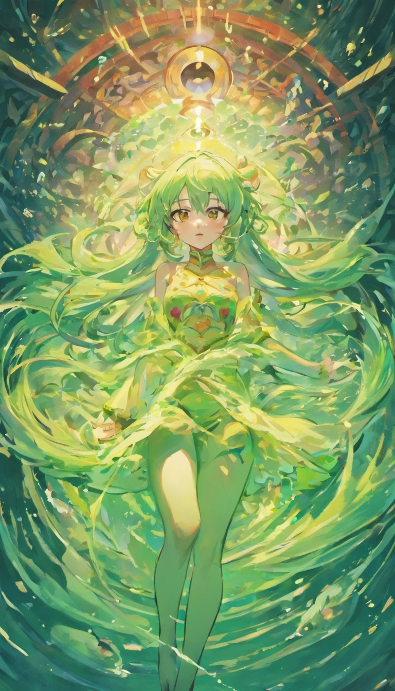 sexy women，Elongated eyes，Cool white skin，Crimson lips，Green pupils，long  white hair，Bigchest，Black cheongsam，lying on water，Contre-Jour，Light sense，Green snakes surround her