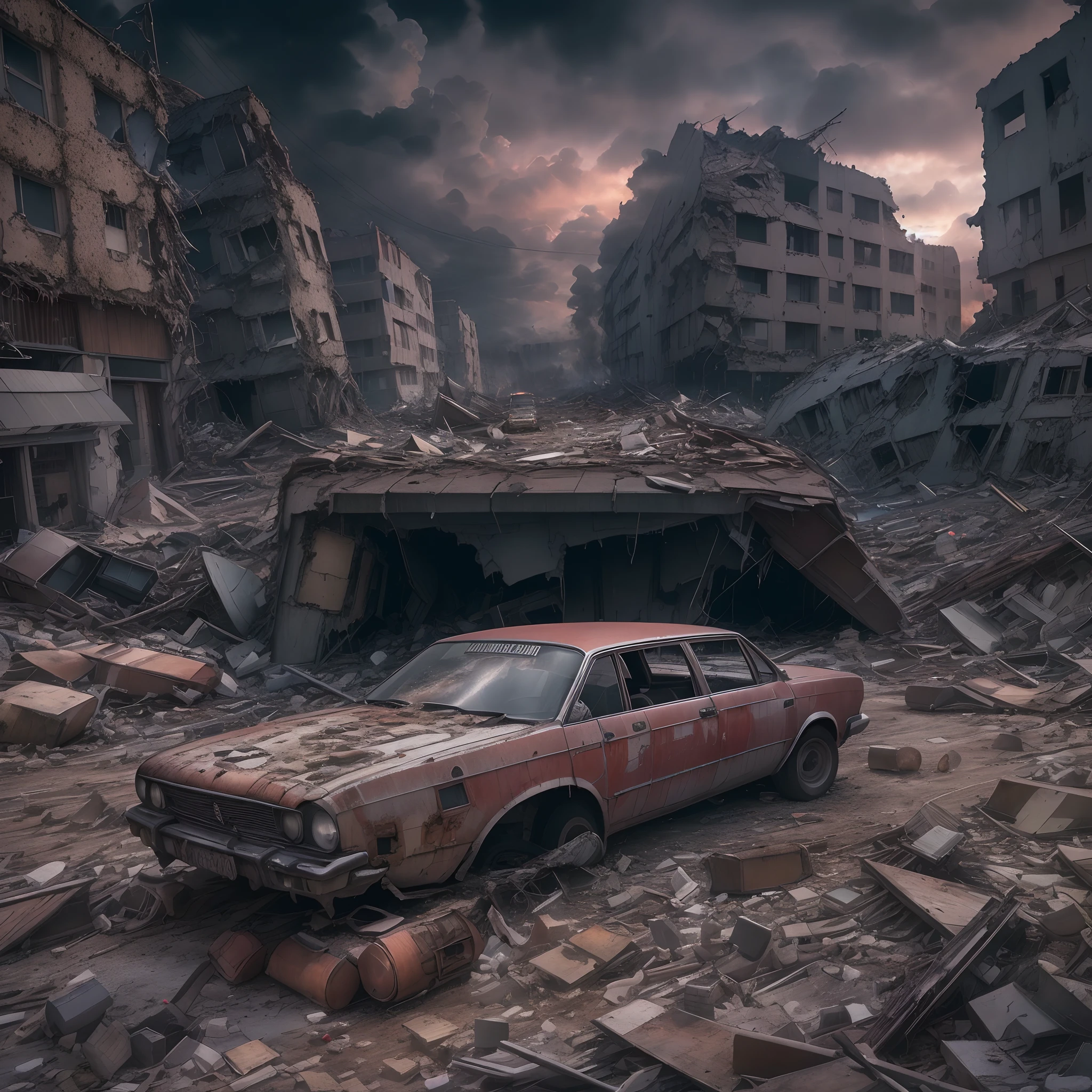(The whole city:1.5),(Overlooking the perspective:1.5),wide wide shot,ssee-through,depth of fields,The end of the world,The nuclear explosion destroyed the military base in Red Sky,Scattered debris,Collapsed building、rubble、firey+、billowing smoke、People who run+、funk+、Overturned,nigth,terroral,Half moon in the sky,The end of the world,Don't be human,No blood,Highly realistic,UHD,chiaroscuro,hyper-high detail,Dynamic,Strong dynamics,(dynamic compositions:1.4),(car wrecks:0.3) Apocalypse,relic,Abandoned railways, Abandoned mine,dystopian,Ruined city,Bombed car,Cars with weapons,Broken planes,Hollywood science fiction movie scene,Epic surrealism, Ultra photo realsisim, ultra - detailed, Masterpiece,Screen space refraction, (Intricate details), (Intricate details, ultra - detailed:1.2), art stations, cinema shot, the complex background,with light glowing,Atmospheric lighting,Extremely detailed beauty,ridiculous, unbelievable Ridiculous, hugefilesize, unified, 8K picture wallpaper, magnifica, ridiculous, unbelievable Ridiculous,
