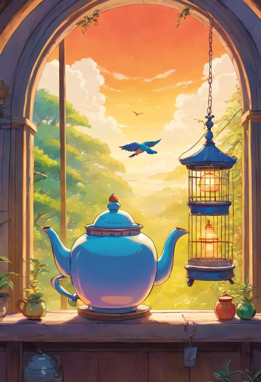 painting of a teapot, birdcage, and birdcage with a bird in the sky, by Grytė Pintukaitė, by Ni Zan, szekely bertalan. atmospheric, slicing the air. pop surrealism, by Alice Rahon, surreal tea party, by Zsuzsa Máthé