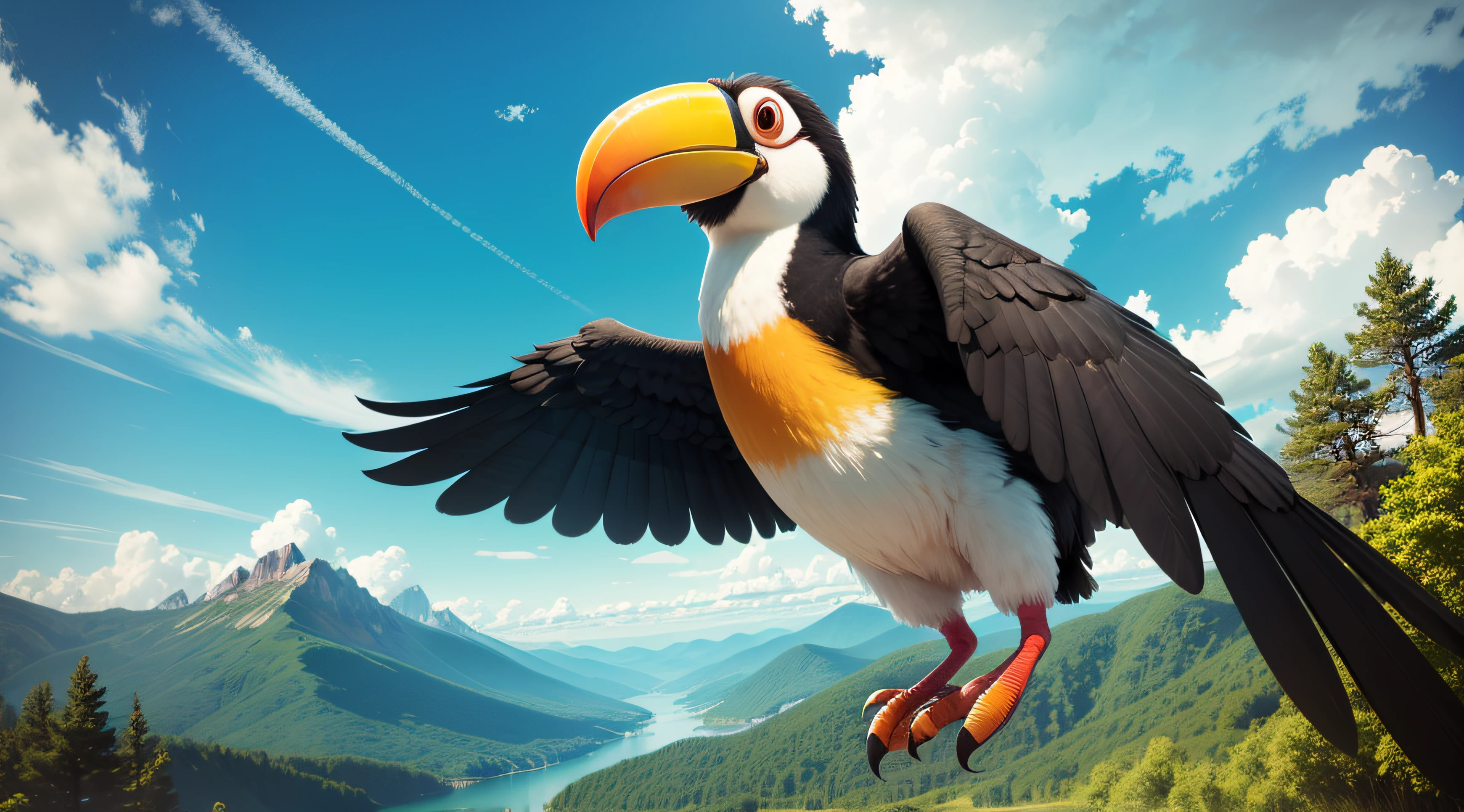 front view of a Adorable toucan flying on sky over forest, full body, Close-up, back the Lens, Pixar Movie Style, very cute, big eyes, bright eyes, smiling, amazing sky, light day, clouds, amazing sunset, mountains on horizon, lightgreen trees and a lake in ground