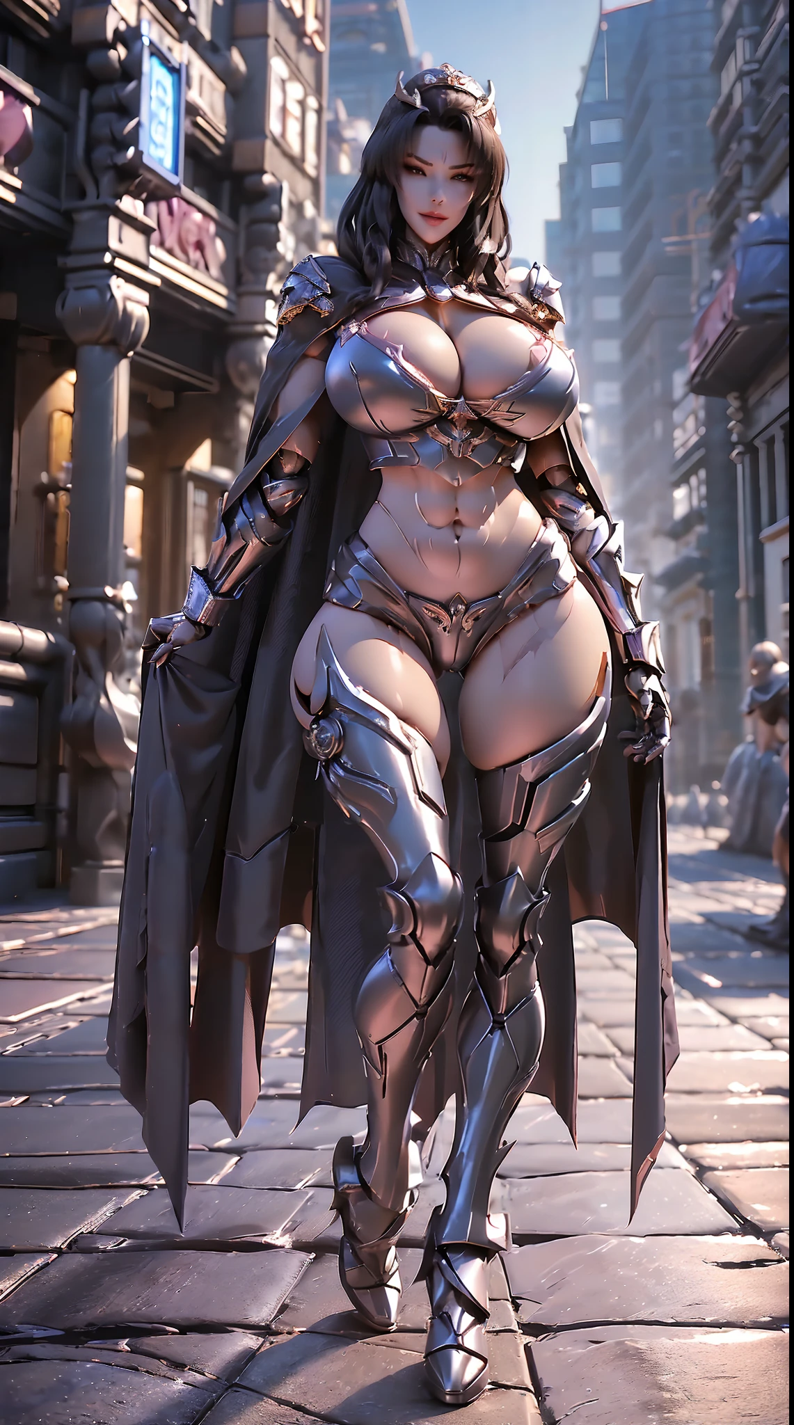 1GIRL, SOLO, HAIR ORNAMENT, (HUGE FAKE BOOBS:1.3), (MECHA ARMOR CROP TOP, ROYAL CAPE, CLEAVAGE:1.5), (SKINTIGHT YOGA PANTS, HIGH HEELS:1.2), (SEXY BODY, MUSCLE ABS, LONG LEGS, FULL BODY:1.5), (LOOKING AT VIEWER:1.5), (WALKING DOWN STREET CYBER NIGHT CITY:1.2), ULTRA HIGHT DEFINITION, 8K, 1080P.