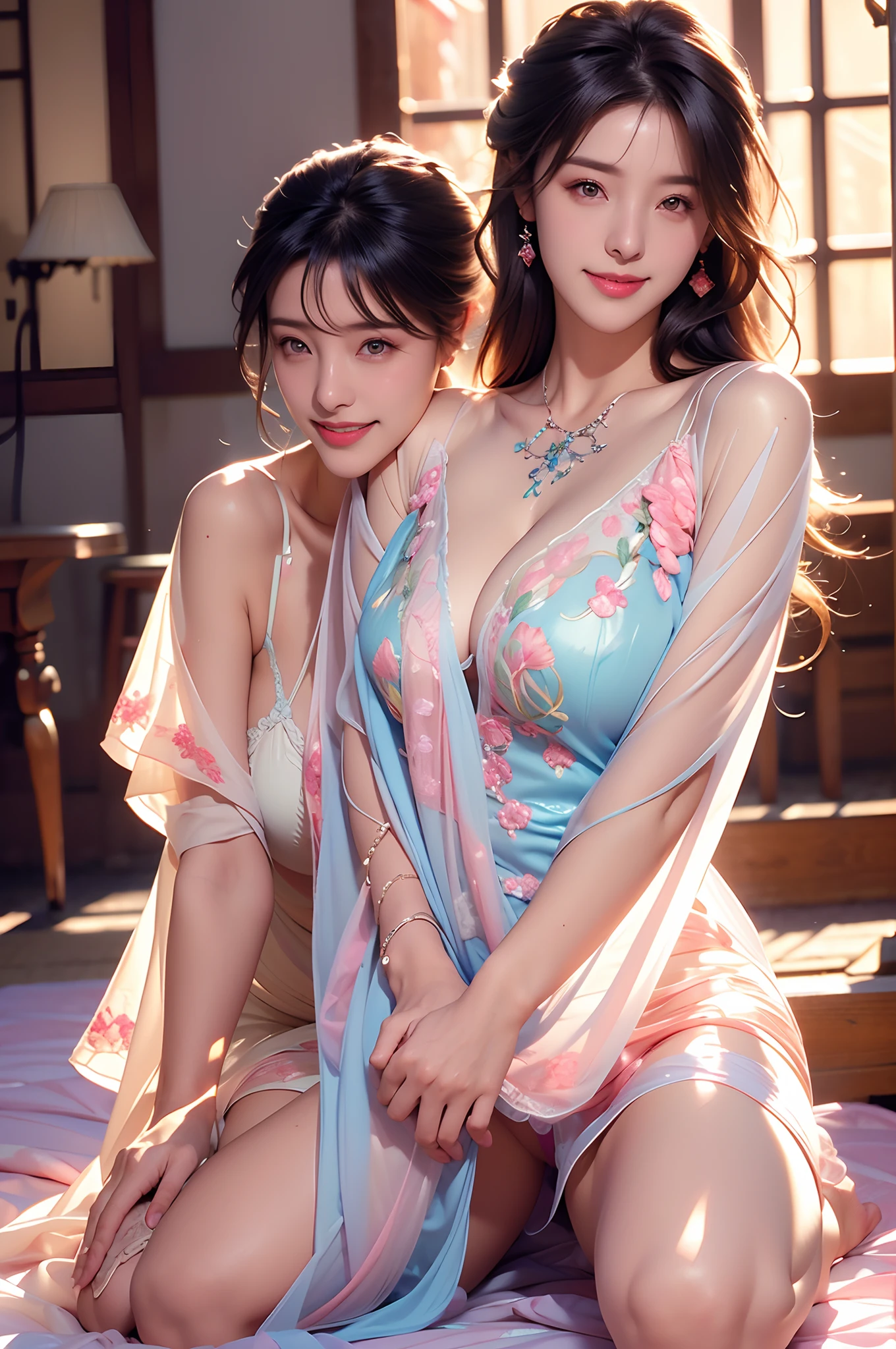 (two girls:1.8,kneeling),((reveals translucent colorful embroidery pattern sleep gown:1.3)), (brown hairs) (looking at viewer:1.3), (laced panty), have a sheen , (reveals translucent,sleeping gown :1.3,embroidery), veranda,(mutiple girls:1.3),8k, masterpiece, RAW photograph:1.4, best quality, photorealistic, extremely detailed CG unity 8k wallpaper, Depth of field, Cinematic Light, Lens Flare, Ray tracing, (extremely beautiful face, beautiful lips, beautiful eyes), intricate detail face, ((ultra detailed skin)) 2girls, in the dark, deep shadow, pretty girls, idol, ((looking at viewer)),(big smile:1.3), (cityscape, blurry background), (dim lights, rooftops, veranda), pretty girls, earrings, bracelets, necklace, clear eyes, walking , front shot, (pale skin), faces forward, (big eyes), ((full body shot)), ((silk Laced)), (brown hairs) (looking at viewer:1.3), (laced panty), have a sheen ,