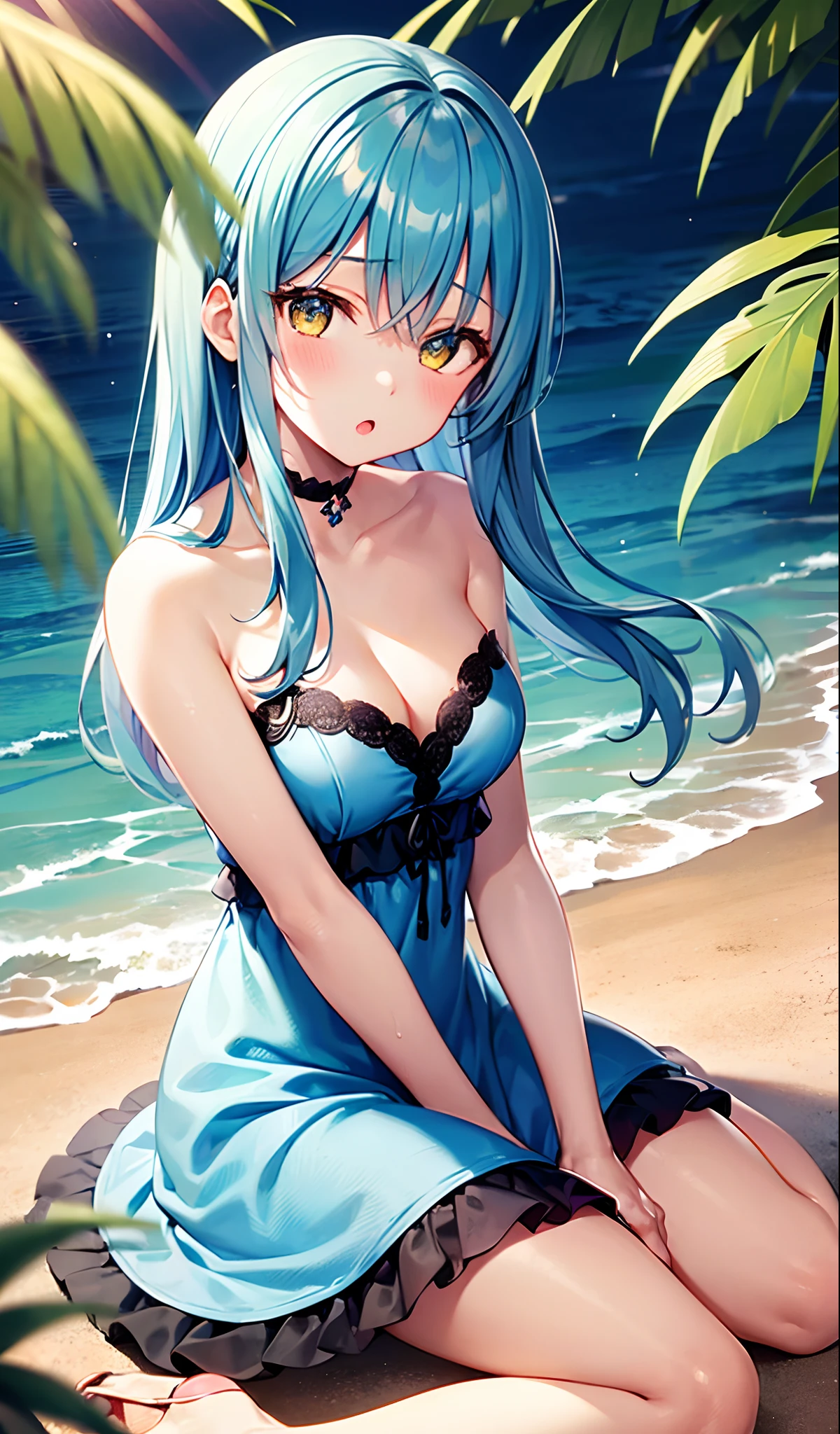 1 girl, Loli, ((light blue hair)), long hair, yellow eyes, (Beautifully detailed eyes), small breasts, good breast, Tulle Dress, moist skin, shiny skin, frilled dress, frilled, silk dress, ((Light blue dress)), strapless, seductive girl, anime waifu cute, :o, from side, full body, catch hair, a choker, arms between legs, wariza, in water, water, beach, day, wide shot, palm leaves, solo focus, (dynamic angle)