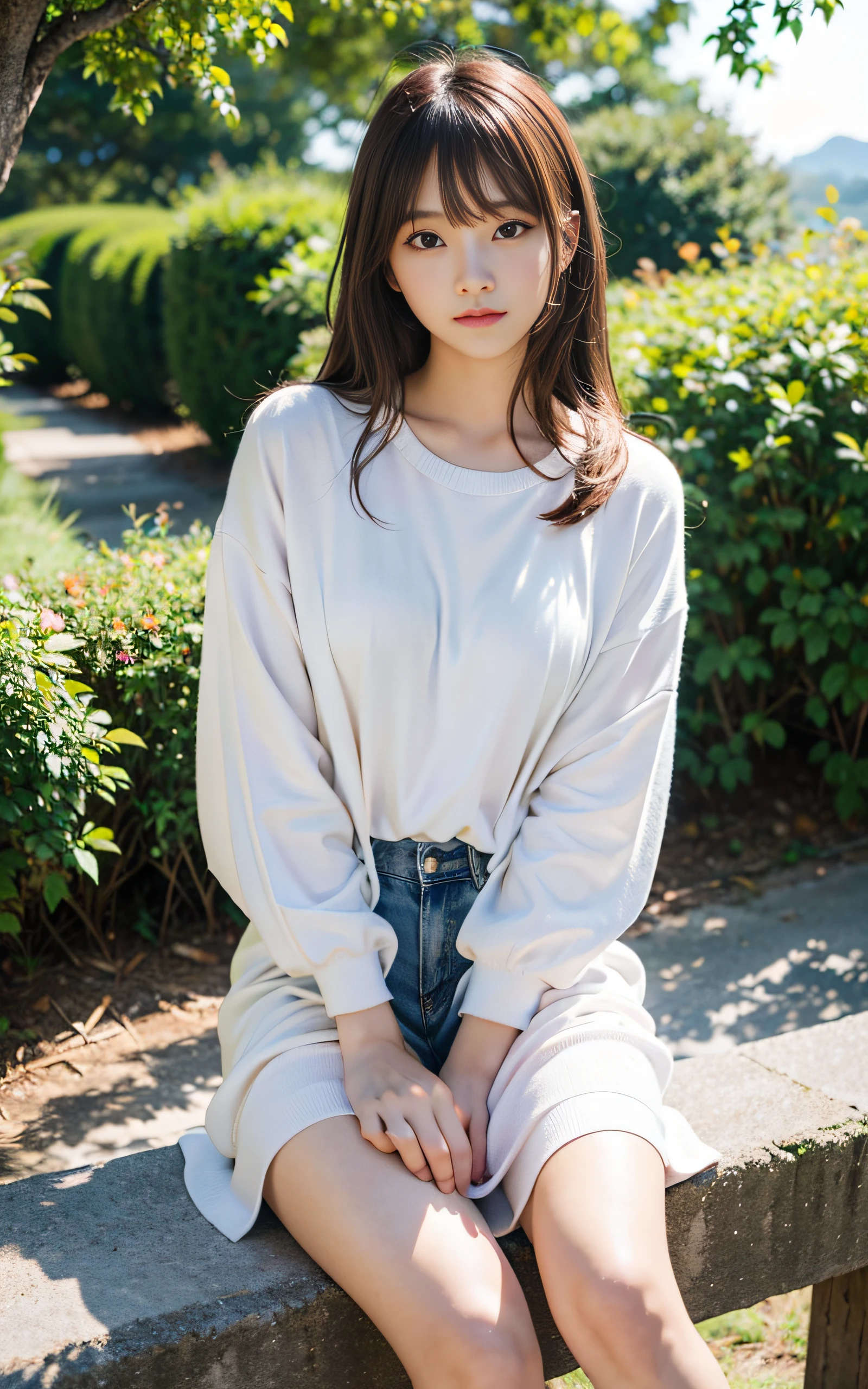 (masutepiece:1.3), (8K, Photorealistic, Raw photography, Best Quality: 1.4), Soft light, Professional Lighting, 1girl in,  , Neat and clean beauty, Shy, turn  pale, Brown medium hair, Bangs, Outdoors