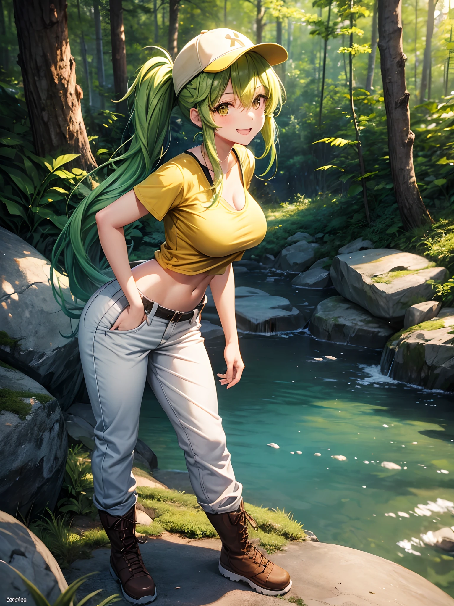 1girl, solo, dense forest, rocks, water, baseball hat, long hair, yellow-green hair, twintails, large breasts, cleavage, brown eyes, looking at the viewer, full body, smile, yellow T-shirt, boots, pants, hand on hip