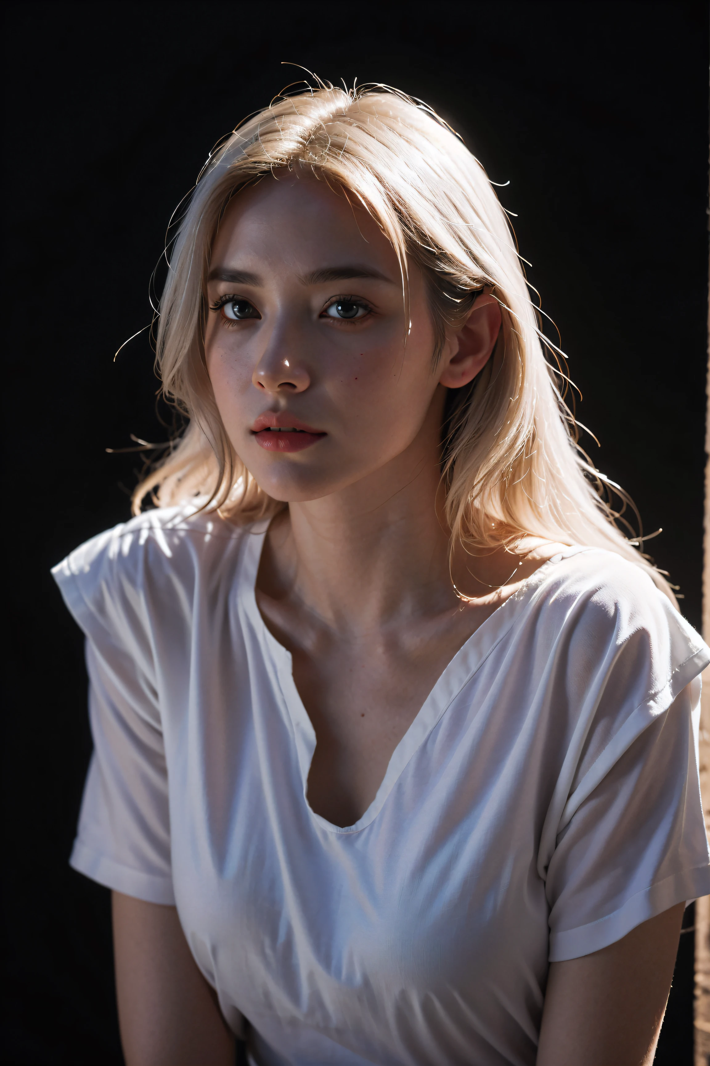 Hyperrealist portrait of female by david hockney and alphonse mucha,fantasy art, photo realistic, dynamic lighting, artstation, poster, volumetric lighting, very detailed faces, 4 k, award winning,, 1girl, in the dark, deep shadow, low key,cowboy shot,(official clothing:1.4) ,long hair,white hair,