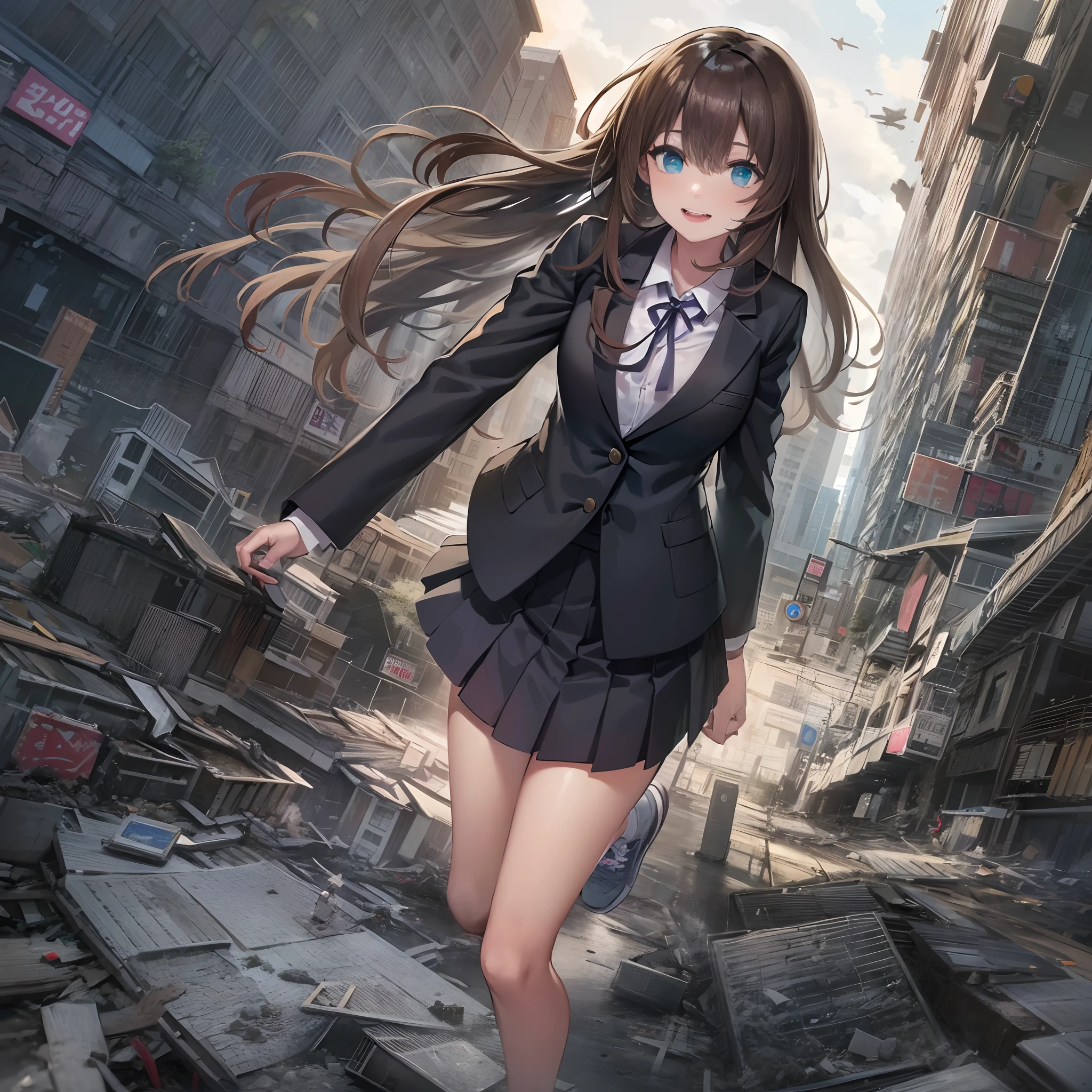 1girl, Solo, 50 meters tall, Bigger than the building, long hair, brown hair, bangs, blue eyes, Blazer, white shirt, black bow, Black pleated skirt, Black Loafer shoes, Sneakers, Light smile, Naughty, Anatomically correct, Textured skin, GTSCity, Destroyed buildings, City model,