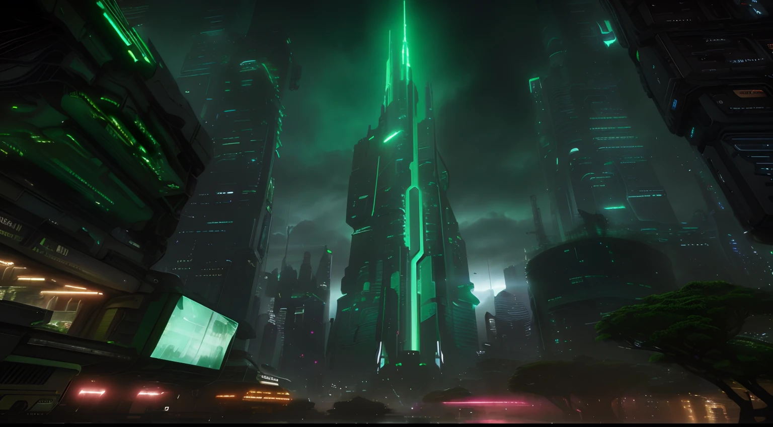 Futuristic city with skyscrapers and green lights in the rain, folhagem exuberante cyberpunk, Em Fantasy Sci - Cidade de Fi:, catedral cyberpunk, em uma cidade cyberpunk futurista, cyberpunk dreamscape, em cyberpunk city, Pintura Digital Sci-Fi, futuristic cyberpunk scenario, Sci - Cidade de Fi, arte cyberpunk blade runner, Arte conceitual 8K HD, Dark Cyberpunk Metropolis
