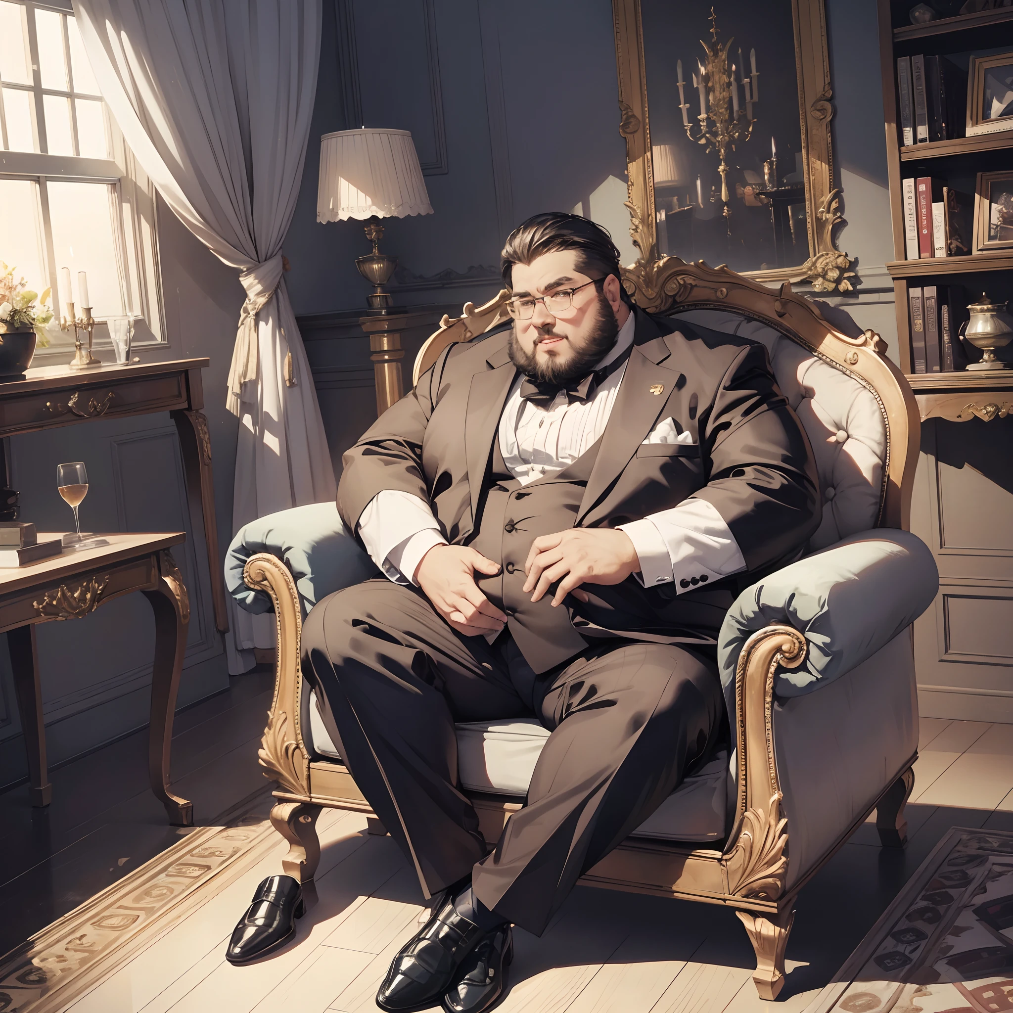 a rich arrogant fat man in suit sitting on a luxurious armchair in a modern offic. —ar 9:16 --auto --s2