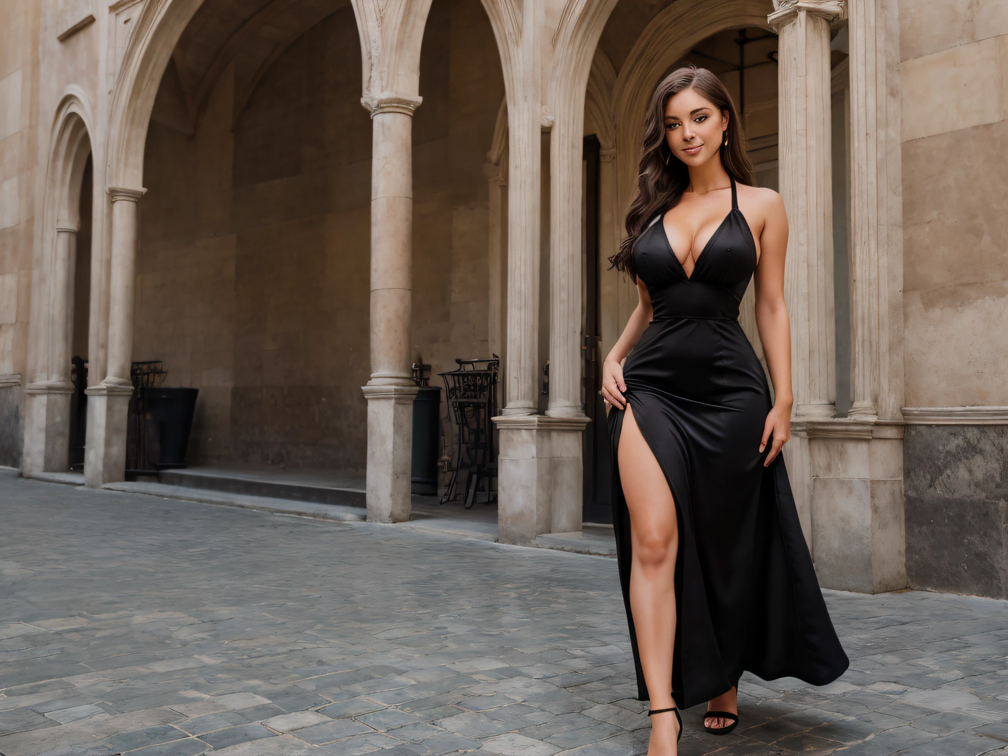 (full body:1.5), realistic, detailed, hyper detailed, (best quality), professional photo, (4k photo:1.1) by (Jeremy Lipking:0.3), (Dittmann Anna:0.3), (Arian Mark:0.3), (Sharp focus:1.3), high detail, wearing (black classy dress:1.2), beautiful detailed face, hazel eyes, long brown hair, (attractive young woman:1.3), (seductive:1.1), (blushing:1.1), hourglass body shape, medium boobs, wide hips, 60 kilos, smiling, perfect anatomy, human hands, background Napoli,