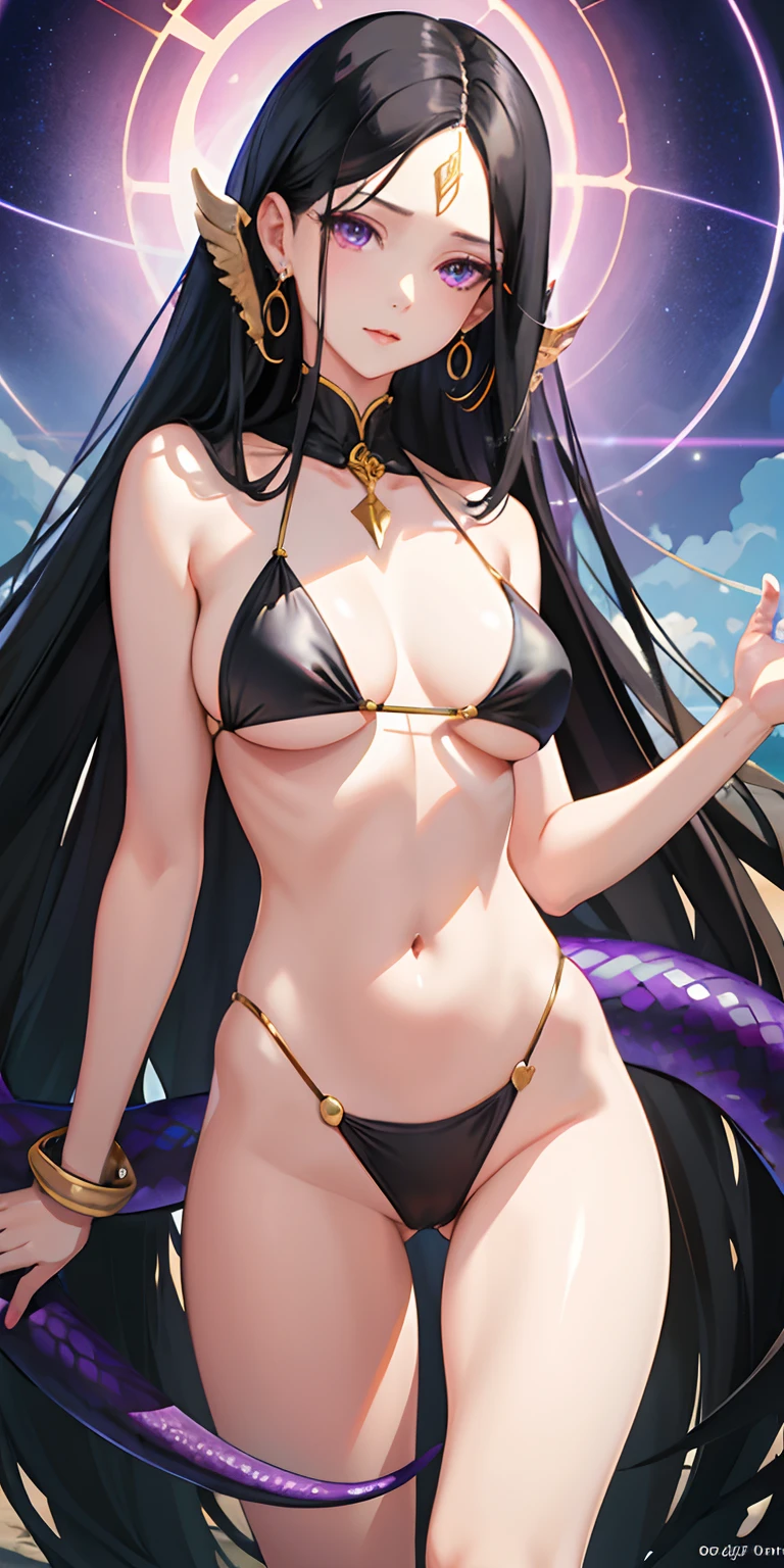 realistic, 1girl, long black hair, serpent shaped earrings, hime haircut, boa hancock,exposed forehead, purple eyes, bikini, beach, light particles, light rays, wallpaper