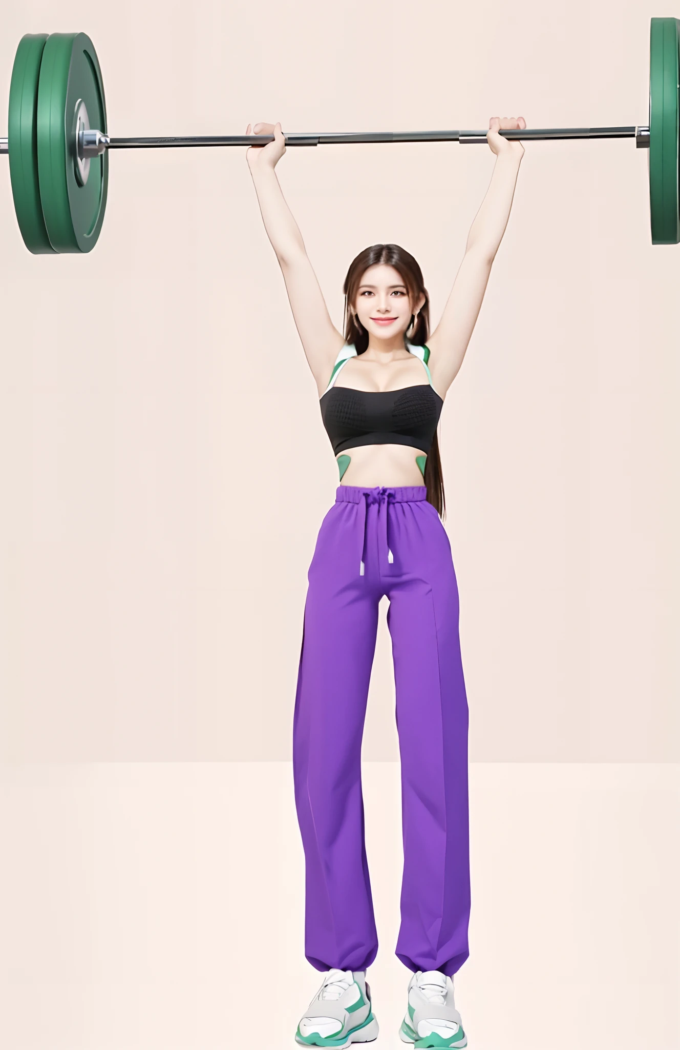 mulher arafed levantando uma barra com uma barra verde, Cottagecore!! corpo fitness, Posar(arms up + Feliz), inspirado em Sim Sa-jeong, corpo inteiro!!, cheio_corpo!!, corpo inteiro!, avatar da parte superior do corpo, corpo inteiro!!!, material is!!! ameixa!!!, corpo inteiro feminino, roupa roxa
