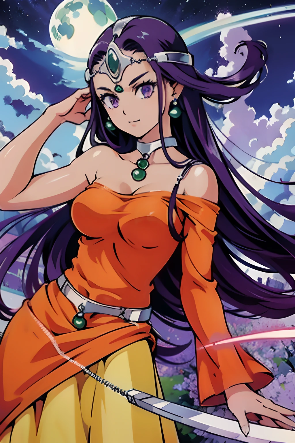 hight resolution、​masterpiece、1girl in、DQ Minnea, Purple hair、circlet, earrings, Choker, Bracelet, Orange dress、Being in a fierce storm、gust of wind、Shoot a curved blade of light from your hand、Light Green Magic Circle、A big tornado、Countless curved blades of light、Curved blade splits air