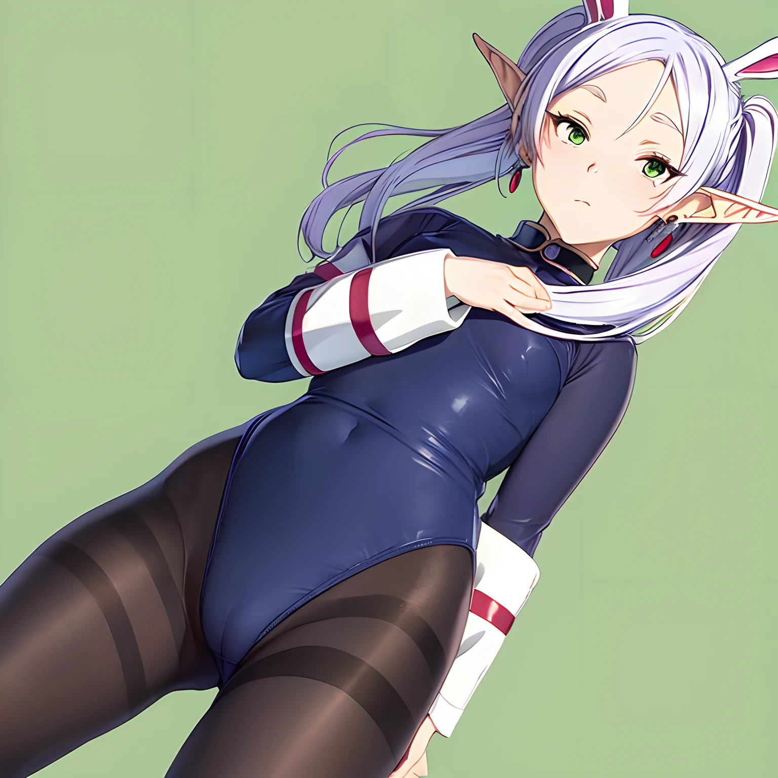 ((masutepiece)), (Best Quality), hight resolution, Ultra-detailed,
1girl in, earrings, elf, Long hair, Long sleeves, pointy ear, Solo, Twin-tailed, Green eyes, earrings, White hair, Looking at Viewer,
((bunnygirl))、 ((Black pantyhose)),simple background、((leotard))、((Embarrassed expression))、(low angles)、put hands on the hip