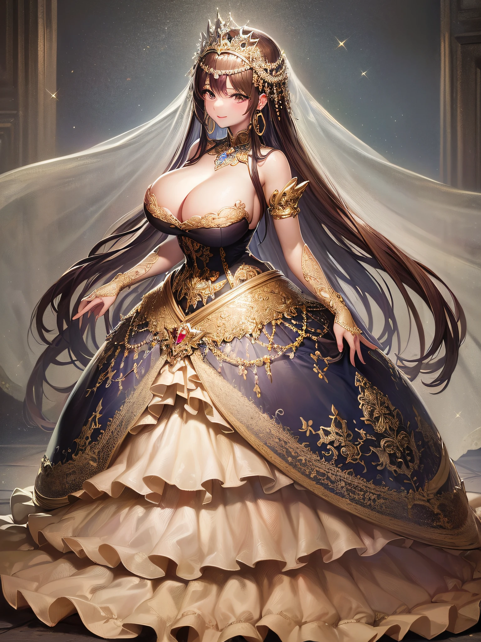 ((anime artstyle)),(Masterpiece),(Best Quality), (Super Detail),(Highly Detailed CG Unity 8k wallpaper),((Very Delicate and Beautiful)),cinematic lighting,1 girl,((full body portrait)),((standing in garden)),((solo)),(((1 fairytale princess in gorgeous embroidery and jeweled extremely gorgeous rococo princess ballgown with voluminous full length hoop skirt))),an hourglass waist,padded and corseted bodice,(((huge crinoline hoopskirt))),long train,((gorgeous embroidery and jeweled)),voluminous frills,See-through,(((extremely gigantic tits,skindentation))),cleavage,((absurdly Long Straight Hair,extremely voluminous Straight long Hair,absurdly Long Straight Hair)),(finely detailed face and eyes),(Blush,Smile),clear pupil,extremely gorgeousfull hair ornament,(bling-bling jeweled extremely gorgeousfull tiara),((bling-bling gorgeous gemstone jewelry)),gorgeous long veil,((ultra long gloves)),(beautiful background),(full body),((gorgeous embroidery and jeweled extremely gorgeous rococo princess ballgown with voluminous full length hoop skirt))