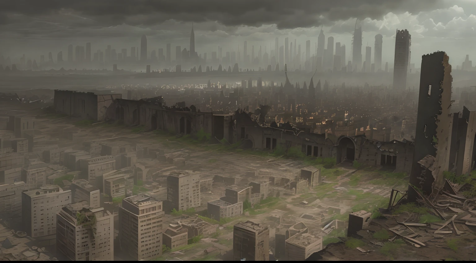 There is a picture of a city, in a ruined cityscape, destroyed cityscape, outdoor ruined cityscape, a city in ruins in the background, a post-apocalyptic city, a post-apocalyptic view, a destroyed city, an apocalyptic city, a ruined city in the background, An abandoned dystopian city, gloomy, with a wall with a door at the end,