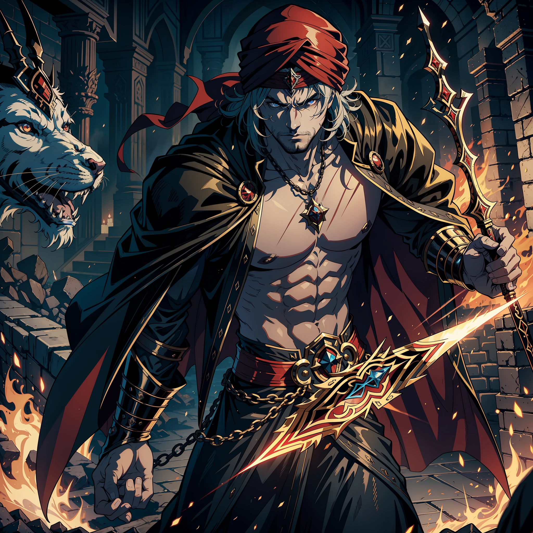 Castlevania Lord of the shadows hyper realistic super detailed Dynamic shot master piece scene cinématique scènes movie Epic Legendary Lord Dracula handsome muscular with red Islamic turban and moroccan Armor lord hokuto no ken kenshiro face structure fighting 10 Great devils with his great Legendary Moroccan Sword battle atmosphère hyper realistic super detailed Dynamic shot master piece deep 3d camera view showing action scènes