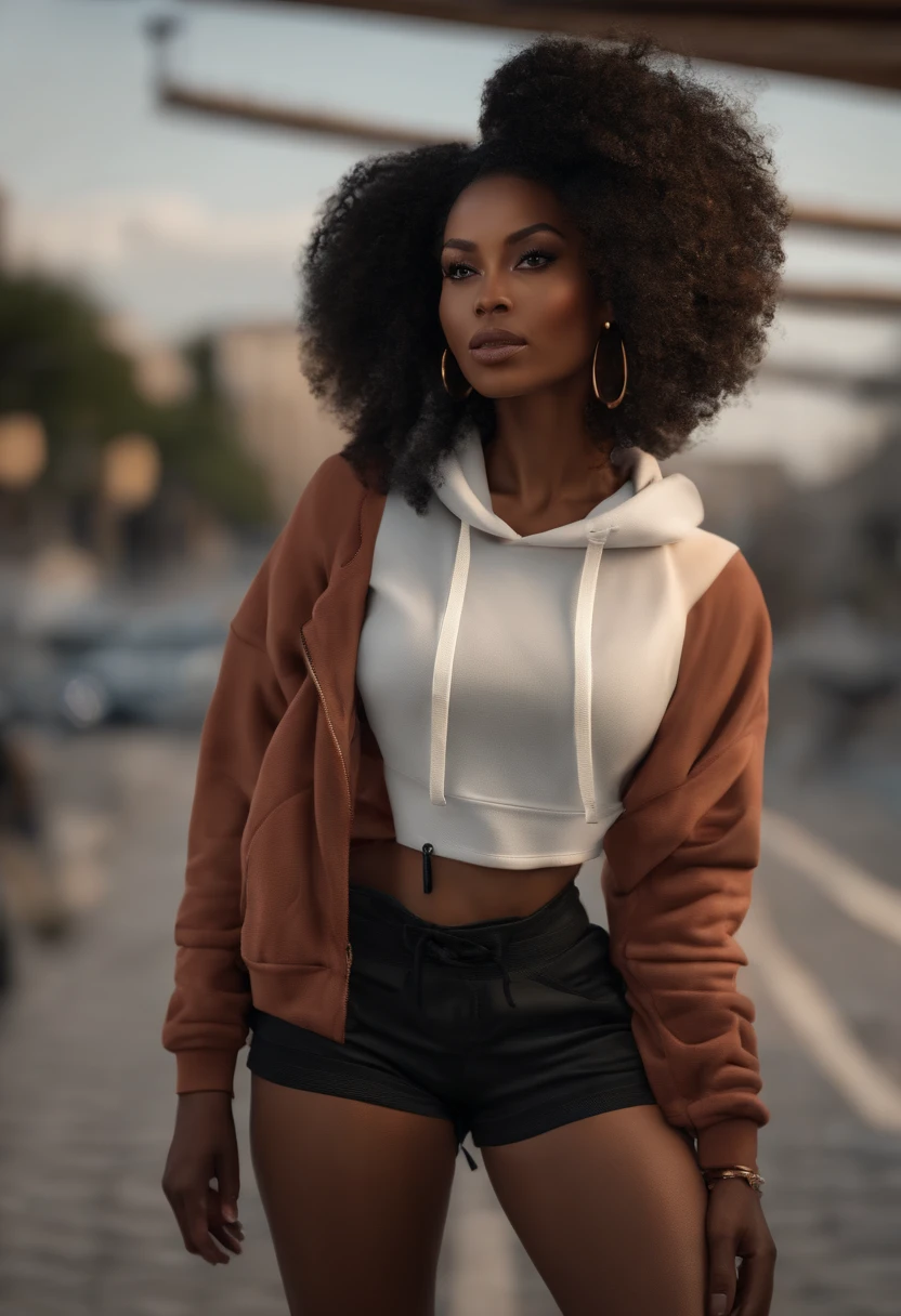 ((Dark African skin, Very deep ebony skin)), ((Its beauty is undeniable)), ((Excited cute face)), ((Hyper-detailed perfect eyes,)), ((Linda pose)), ((Langue de sortie)), ((seducer )), sexy, (( Nike hoodie, Shorts Sexy Courts)), ((Afro ponytail with long curly African hair,)), (( peau)), (( gros seins )), ((stand up, vue de face)), ((Touchez vos propres jambes dans une pose sexy)), ((dehors, Ville publique)), CGI précis, photoreallistic, High detail, Realstic, шедевр, Absurde, the best quality, Hdr, highly quality, Hi-Definition, extremly detailed, 8k wallpaper, intricate high detail, 8K UHD, FULL HD, (photo realist:1.2), contraste, intense illumination, lighting cinematic, natural light, hard light, contre-jour, Illumination globale, occlusion ambiante