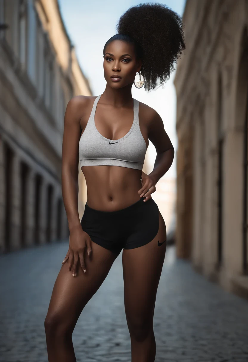 ((Dark African skin, Very deep ebony skin)), ((Its beauty is undeniable)), ((Excited cute face)), ((Hyper-detailed perfect eyes,)), ((Linda pose)), ((Langue de sortie)), ((seducer )), sexy, (( Nike hoodie, Shorts Sexy Courts)), ((Afro ponytail with long curly African hair,)), (( peau)), (( gros seins )), ((stand up, vue de face)), ((Touchez vos propres jambes dans une pose sexy)), ((dehors, Ville publique)), CGI précis, photoreallistic, High detail, Realstic, шедевр, Absurde, the best quality, Hdr, highly quality, Hi-Definition, extremly detailed, 8k wallpaper, intricate high detail, 8K UHD, FULL HD, (photo realist:1.2), contraste, intense illumination, lighting cinematic, natural light, hard light, contre-jour, Illumination globale, occlusion ambiante