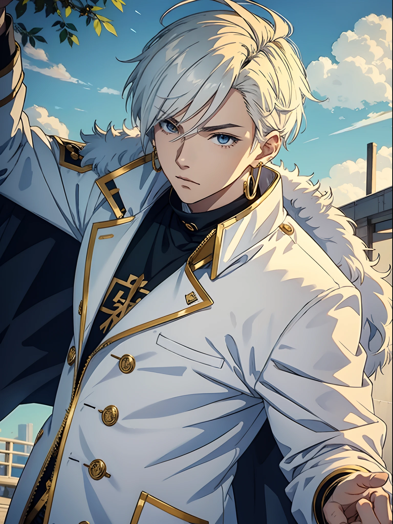 anime man, white fluffy jacket, gold earrings