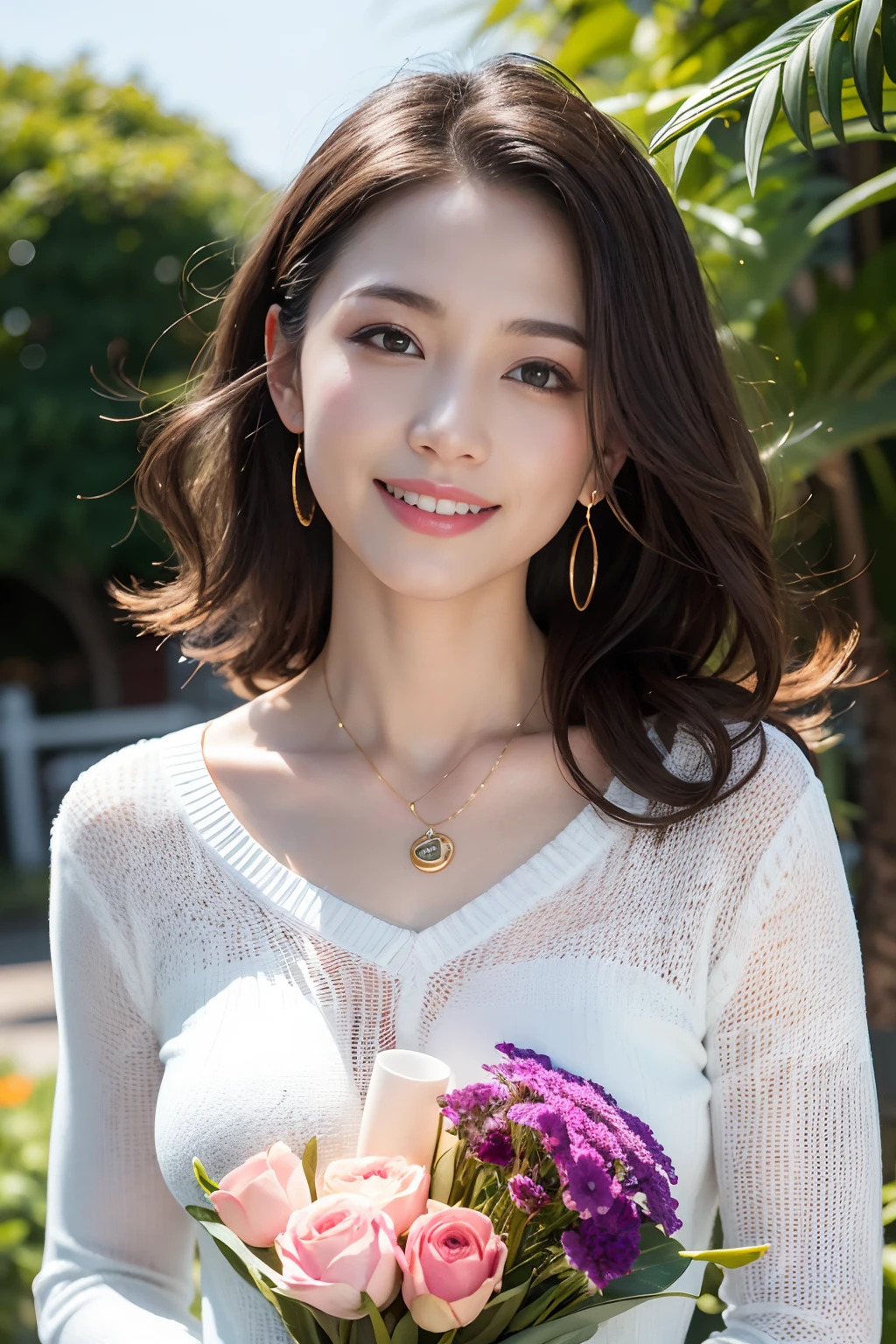 (8K,Raw photo、Raw photo、top-quality、Master masterpiece:1.2)、ultra-detailliert、Super Resolution、(Photorealsitic:1.3)、Angle to shoot from the front、Clearly draw shades of light、high resolution RAW color photos、professional photograpy、Same skin type as humans、Female proofreading of Japan from head to waist、Blur the background、Draws faithfully to anatomy、Flower bouquet、Very detailed and beautiful、Ultra-high image quality、long、Hair swaying and sexy、Very detailed beautiful girl、(Pink Eye Shadow)、smil、Plain clothe、The upper part of the body、Loosely curly hair、Sweaters、Cheek cane、a necklace、corolla、Flower Garden